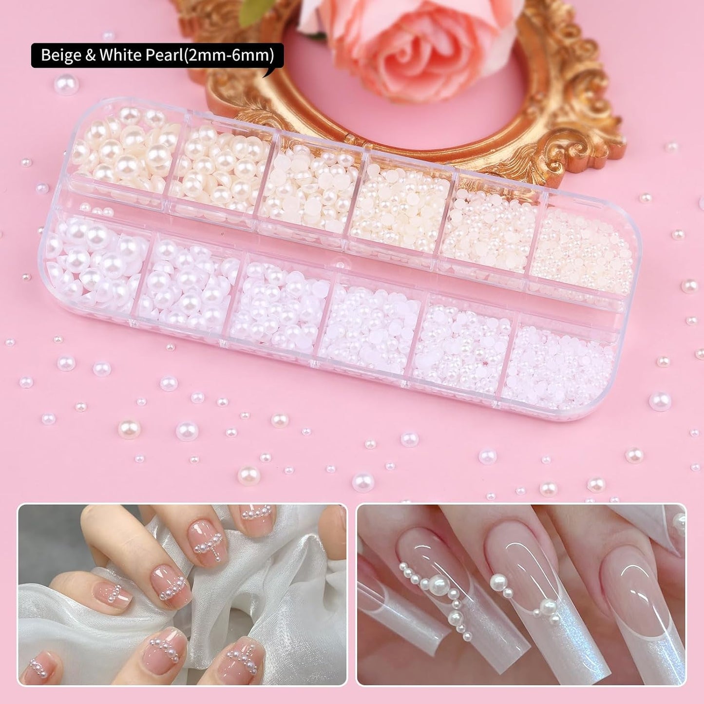 10 Boxes Nail Art Kit, Colorful Glass Nail Rhinestones, 2-6mm White Flatback Pearls, 3D Gold Studs Holographic Foil Flakes and Iridescent Glitter Sequins with Tweezers Brush