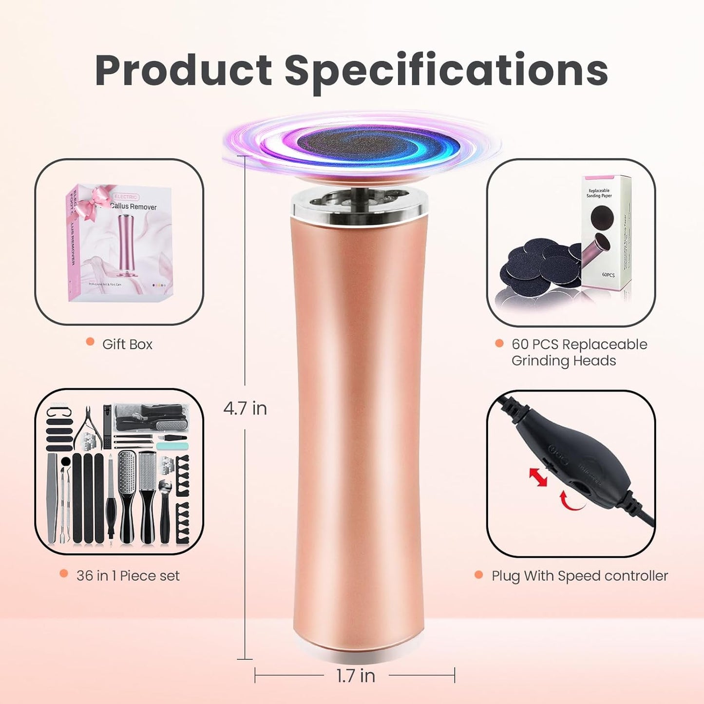 Electric Foot Callus Remover with 36 in 1 Pedicure Kit | Adjustable Speed | Mini Portable | 60 Pcs Sandpaper Discs | Professional Electric Callus Remover for Feet for Dead Skin and Calluses