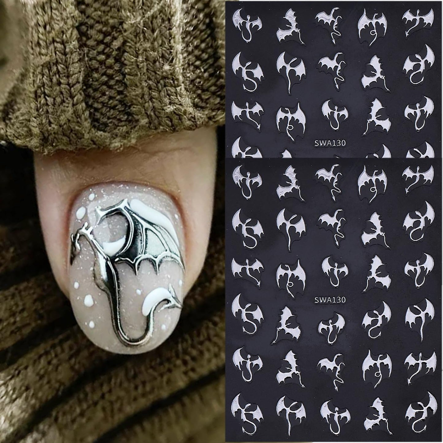6 Sheets Halloween Nail Stickers for Nail Art Horror Bat Nail Decals Gold Silver Holographic Laser Gothic Dragon Nail Art Stickers 3D Self-Adhesive Halloween Bats Nail Design Supplies for Women