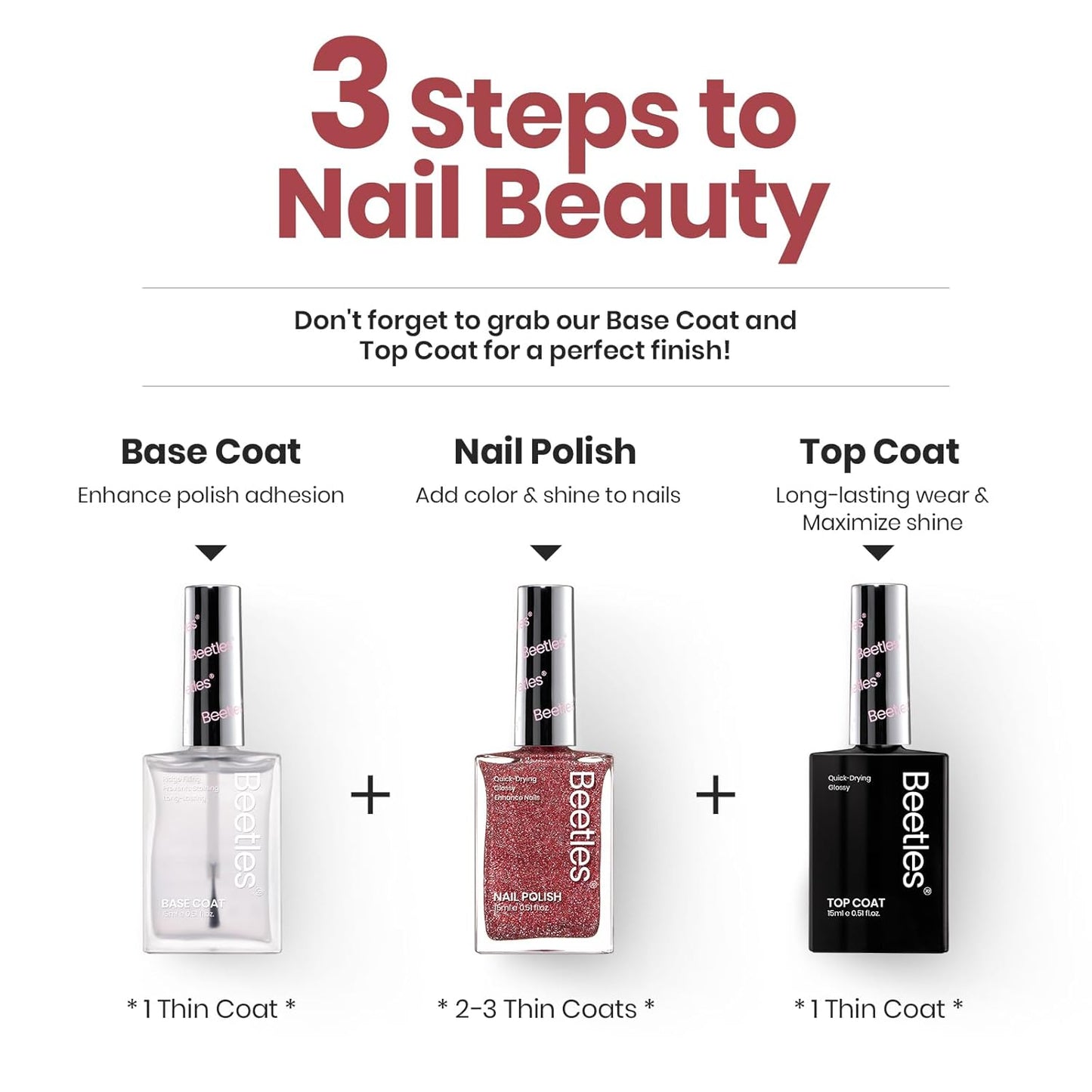 Beetles Red Nail Polish, Quick Dry Nail Polish, 1Pcs 15ml Glitter Sparkle Burgundy Red Nail Polish Fast Drying & Long Lasting Spring Valentines Nail Polish Salon DIY at Home