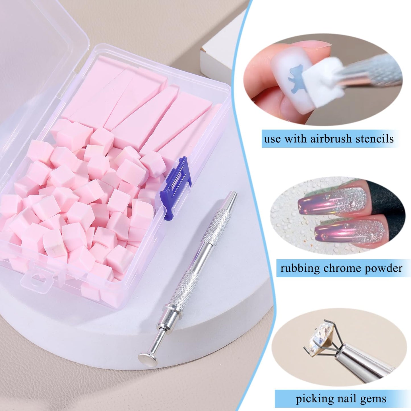 100Pcs Soft Nail Sponges for Ombre, Gradient Effect Pink Nail Art Sponges With Grabbing Pen 6Pcs Wedge Sponges Aura Nails Ombre Nail Brush Professional Accessories Manicure Salon Supplies