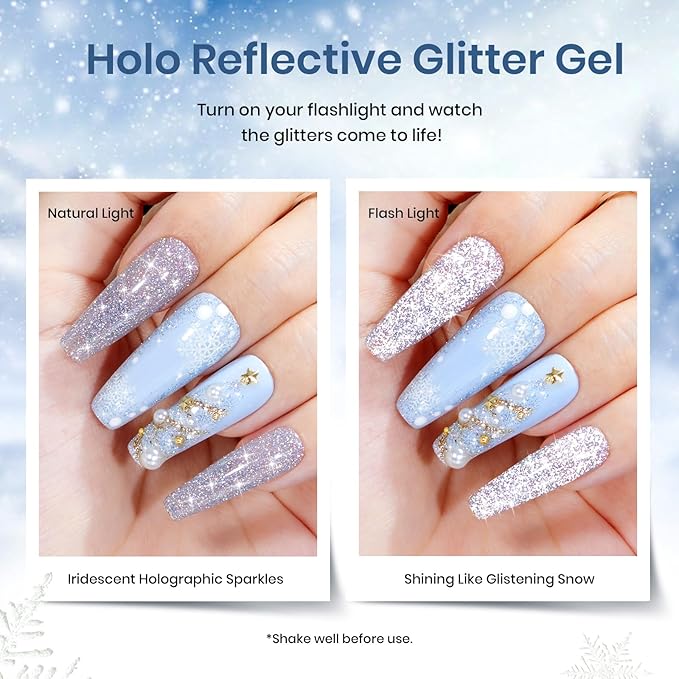 Beetles Gel Polish Winter Christmas Gel Nail Polish Set 5 Colors Dark Blue Glitter White Light Blue Silver Gel Polish Kit with Nail Sticker Soak off UV LED DIY Gifts for Women Sparkling Snow