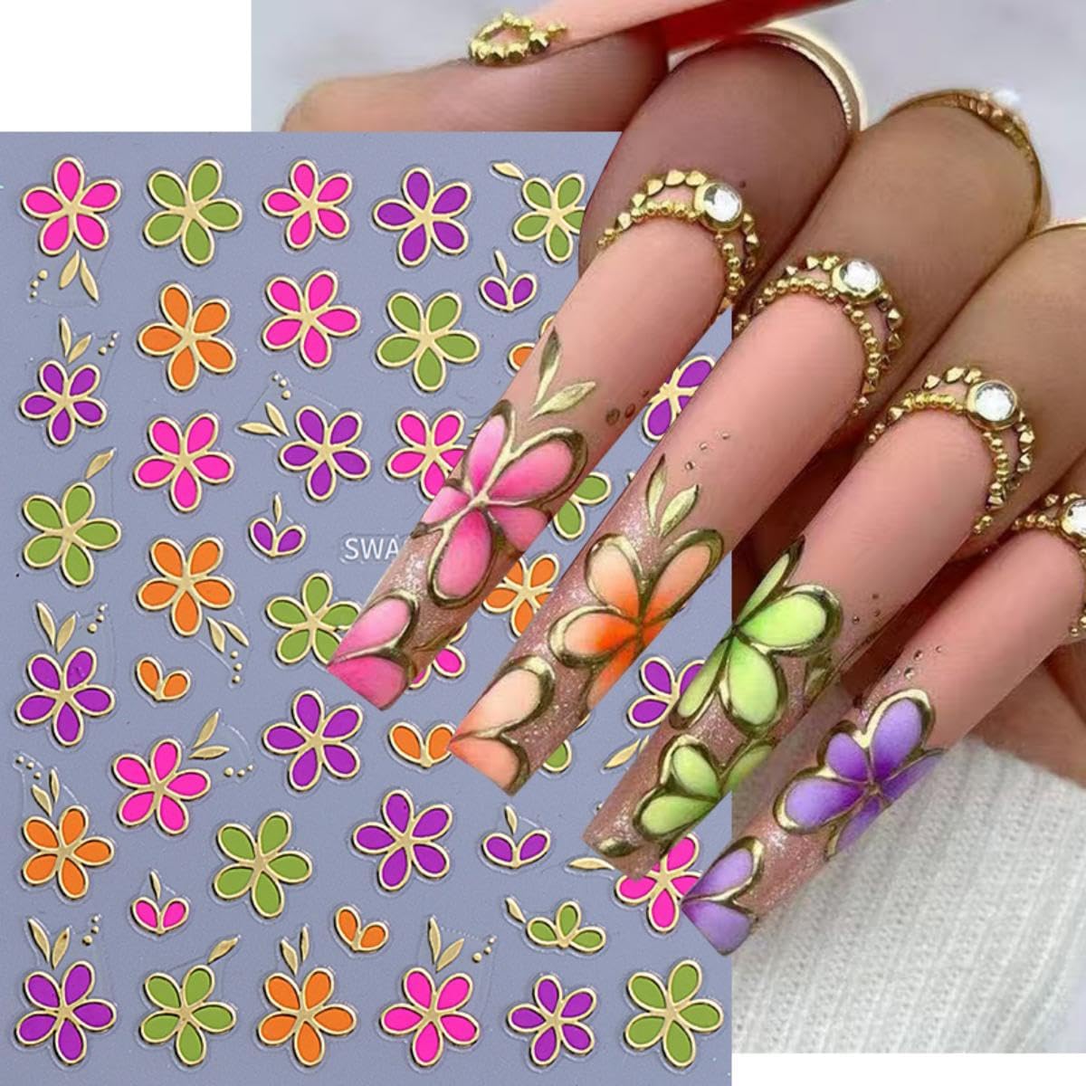 6Pcs Flower Nail Stickers for Nail Art Elegant Floral Nail Decals 3D Self-Adhesive Colorful Blossom Flower Nail Art Stickers Gold Bow Nail Supplies Spring Nail Decoration Accessories for Women Girls