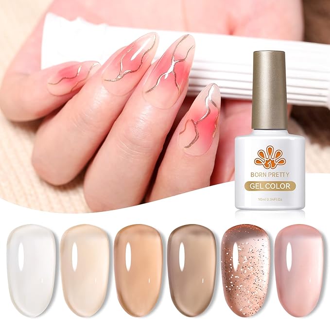 Born Pretty Jelly Gel Nail Polish Nude Set Crystal Transparent Translucent Sheer Clear 6 Colors Gift Collection Manicure Kit
