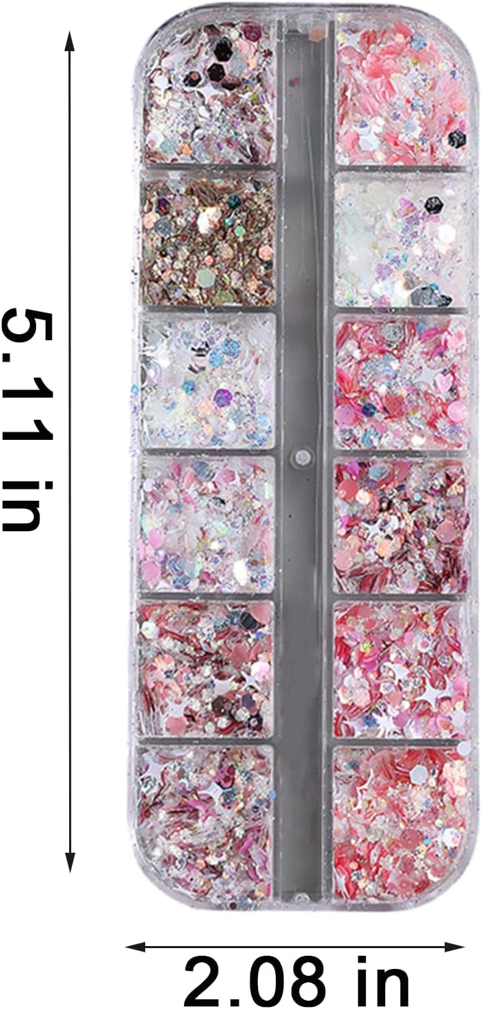 12 Grids Mixed Star Fragment Nail Art Glitters Sequins Holographic Heart Nail Sequins Hexagon Sparkles Stars Design Laser Nail Flakes Glitters Accessories for Women Manicure DIY Nail Decorations