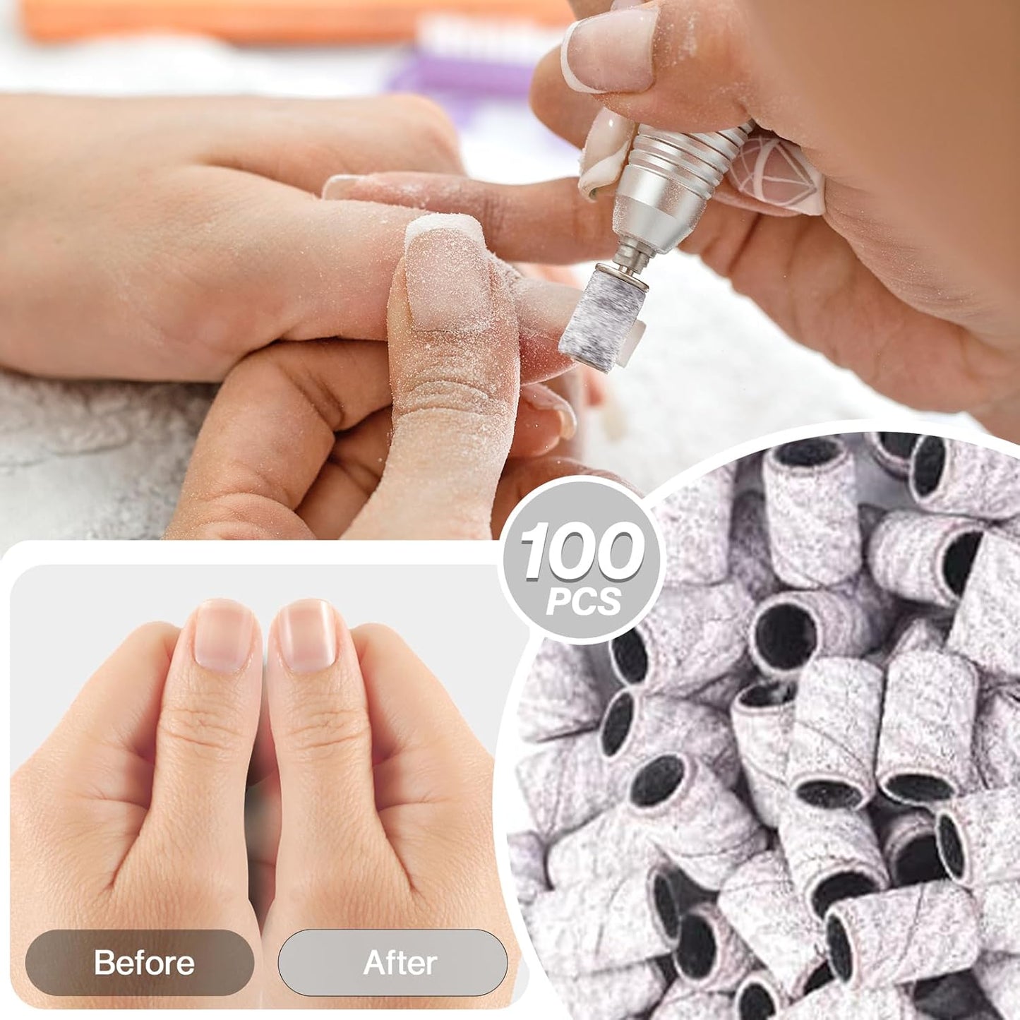 MelodySusie 100 Pcs Nail Drill Bits Sanding Bands for Nail Drill 120 Medium Grit Nail File Sanding Bands for Acrylic Nails Gel Manicures and Pedicure