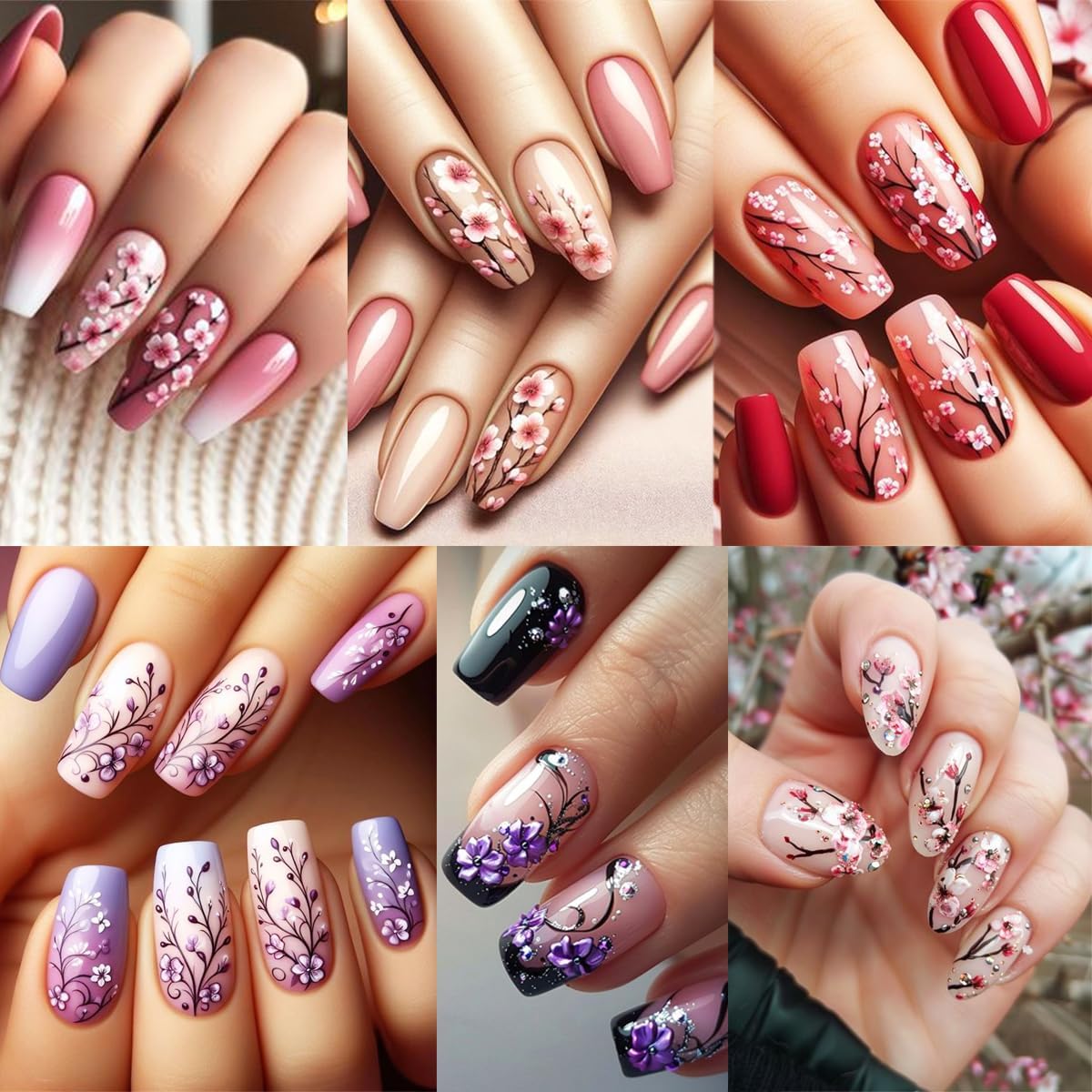 Purple Flower Nail Stickers - 5D Embossed Branch Flowers & Leaves DIY Nail Art Decals - Autumn Colorful Floral Designs for Women & Girls