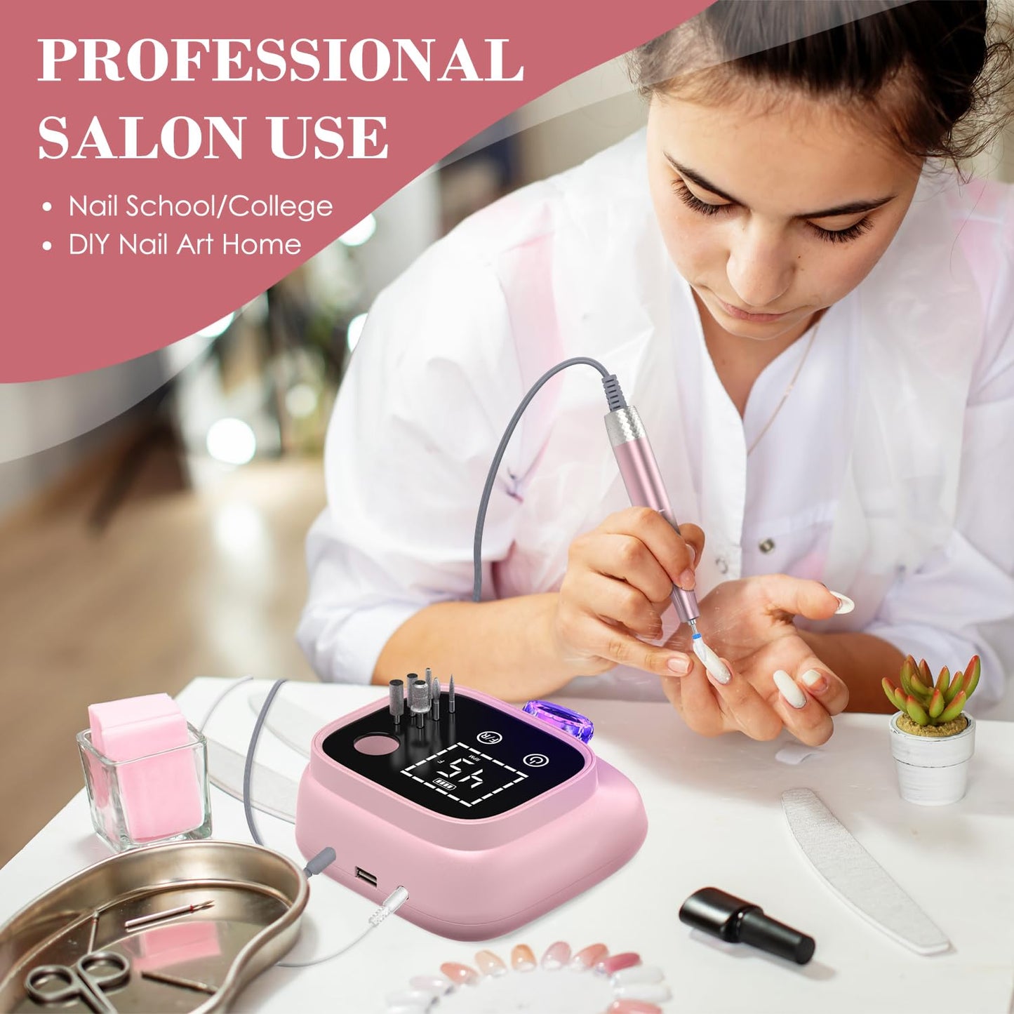 Electric Nail Drill 45000 RPM, Professional Rechargeable Nail File Kit, Nail Drill Machine, Nail Grinder, Acrylic Nail Kit for Any Manicure, Pedicure, Gel Polishing Removing, Pink