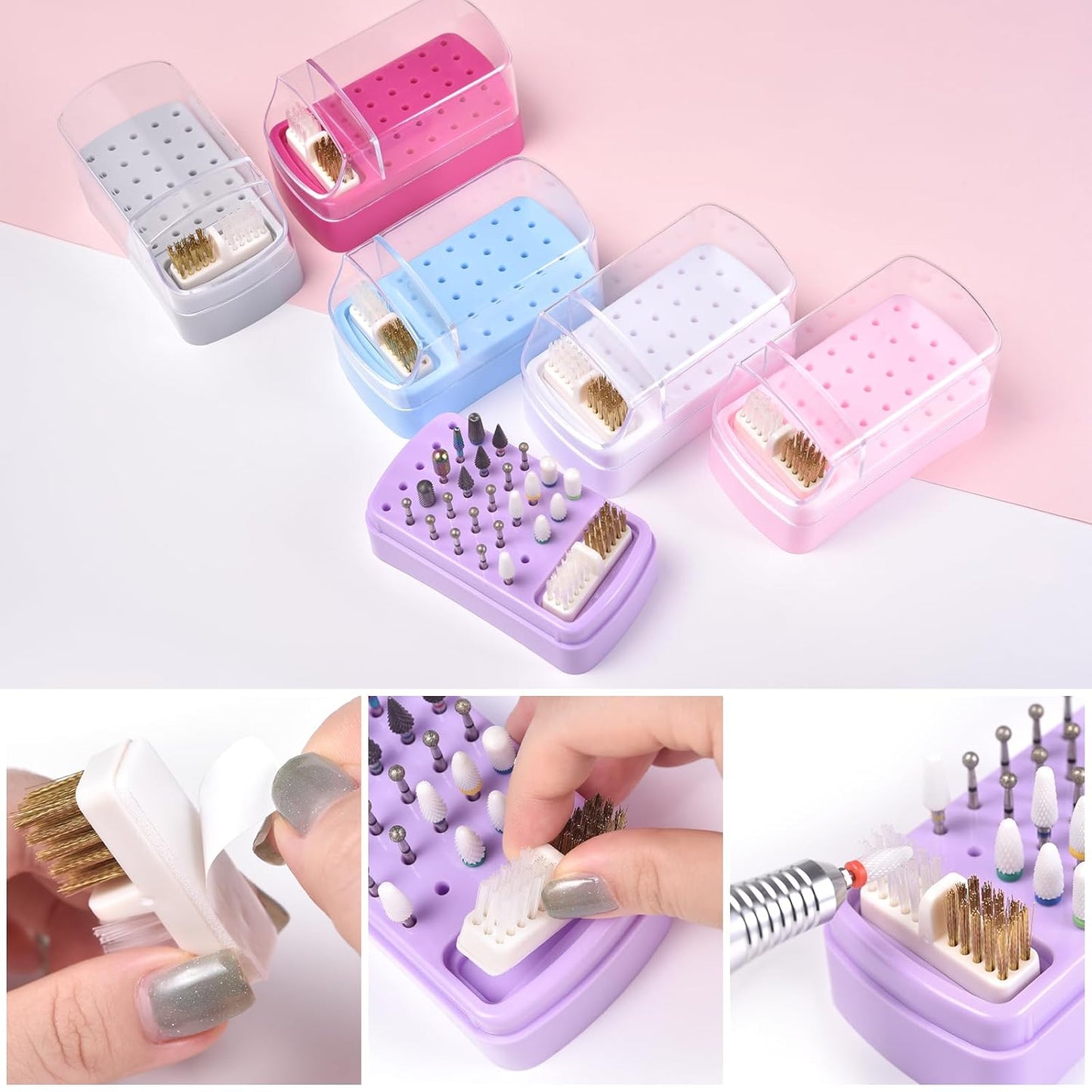 2 in 1 Nail Drill Bit Holder & Nail Drill Bit Cleaner Brush Case 30 Holes Dustproof Nail Drill Bit Display Stand Organizer Box Manicure Drill Bits Cleaning Brush Bits Storage Tool, Purple