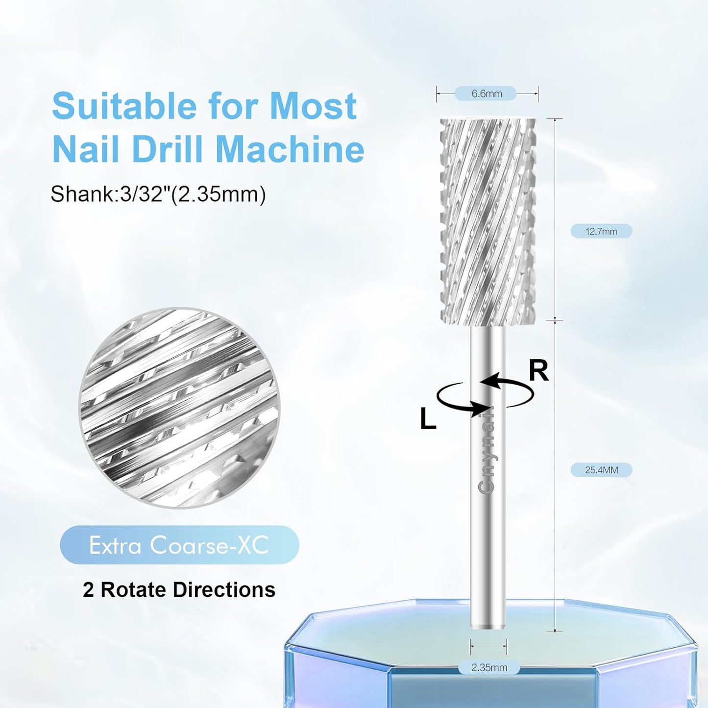 3/32" Large Barrel Bit Tungsten Carbide Nail Drill Bit Safety Bit for Gel & Acrylic Removal, 2- Way Rotating Efile Tip, Salon Electric File Accessory (XC Girt, Silver)