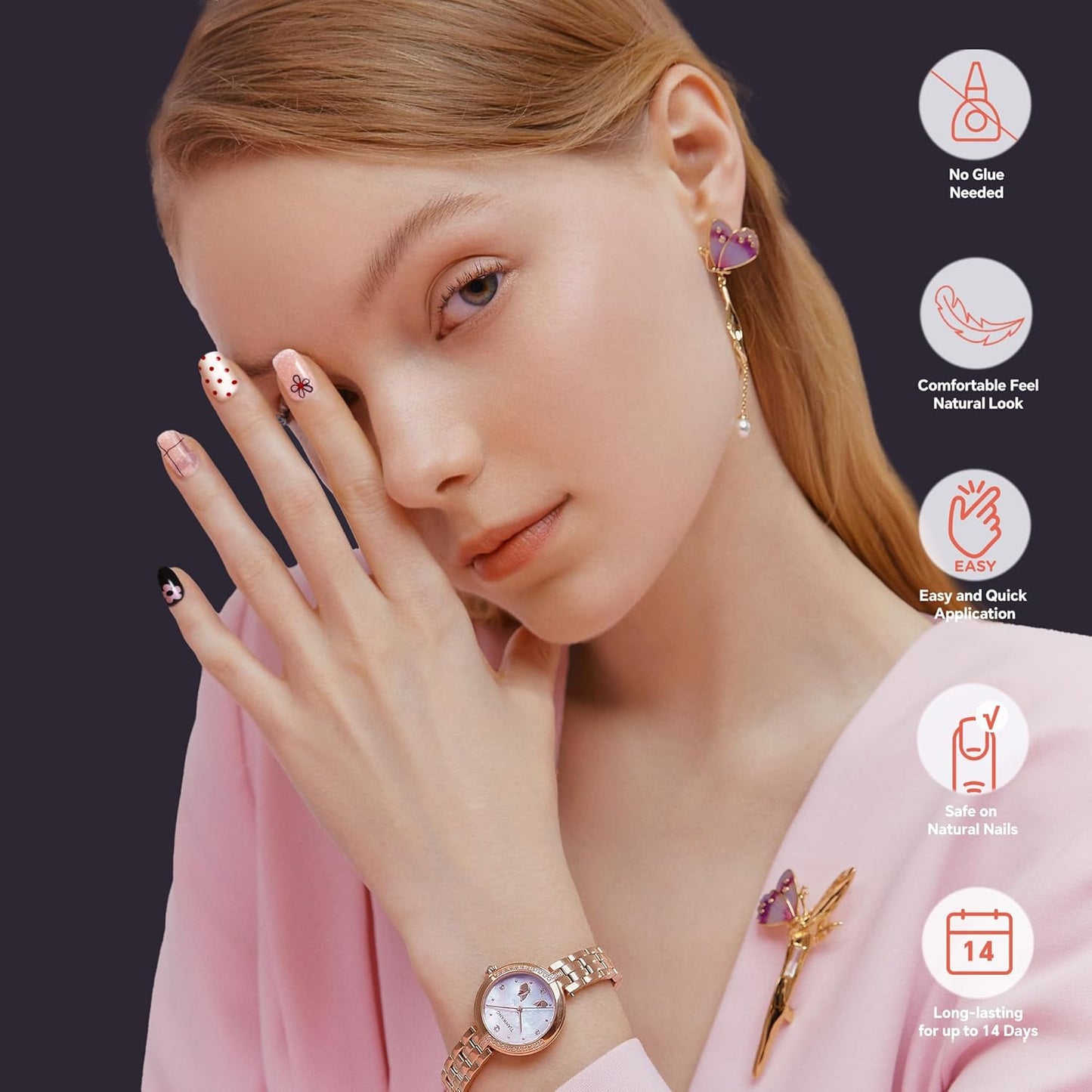 Semi Cured Gel Nail Strips-Variety Press on Nails Set Floral Print, Polka Dot & Minimalist Design, Short Almond Semi Gel Nails, French Manicure Alternative(Floral Fantasy)