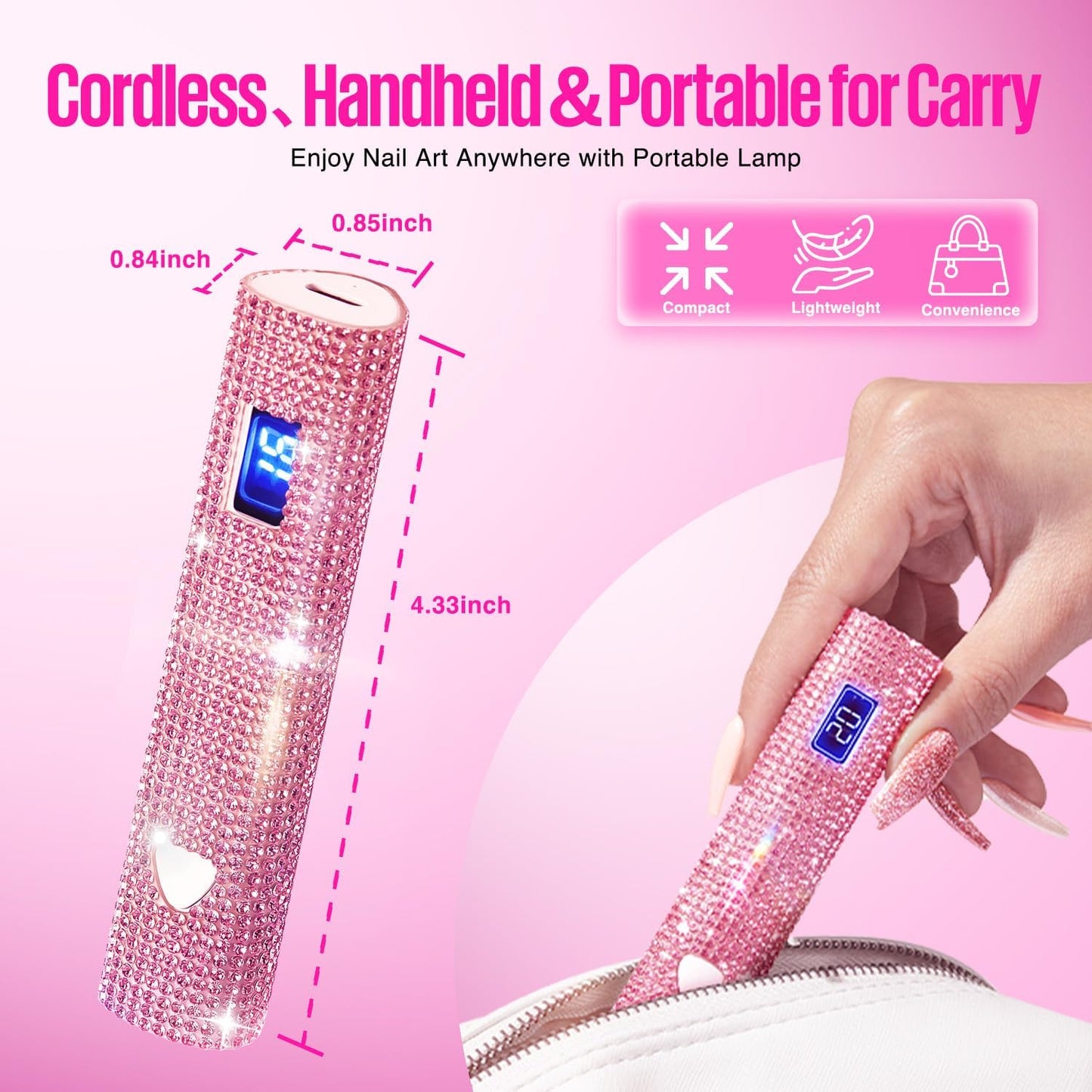 MEFA UV Light for Gel Nails, Pink Glitter Handheld Nail Lamp Visible LED Timer Touch Screen, Cordless Nail Light for Gel Nail Polish Stickers Strips, Gifts for Women