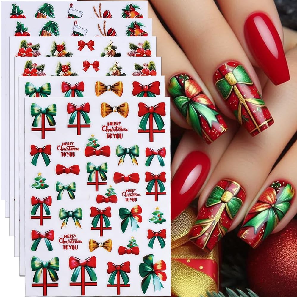 Christmas Nail Stickers Bow Stocking Snowman Nail Art Stickers Holiday Flower Candy Nail Decals 6Pcs Self-Adhesive Christmas Tree Design Sticker Holiday Nail Art Decoration for Women Manicure