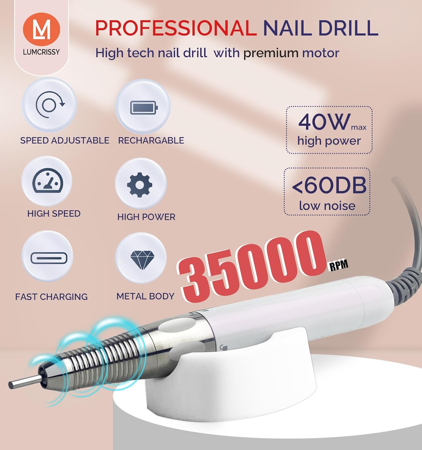 Professional Rechargeable Nail Drill 35000 RPM - Cordless Electric Nail File ,Portable Efile for Shaping/Removing/Polishing Gel/Acrylic Nails | Ideal for Home DIY & Salon Manicure Pedicure