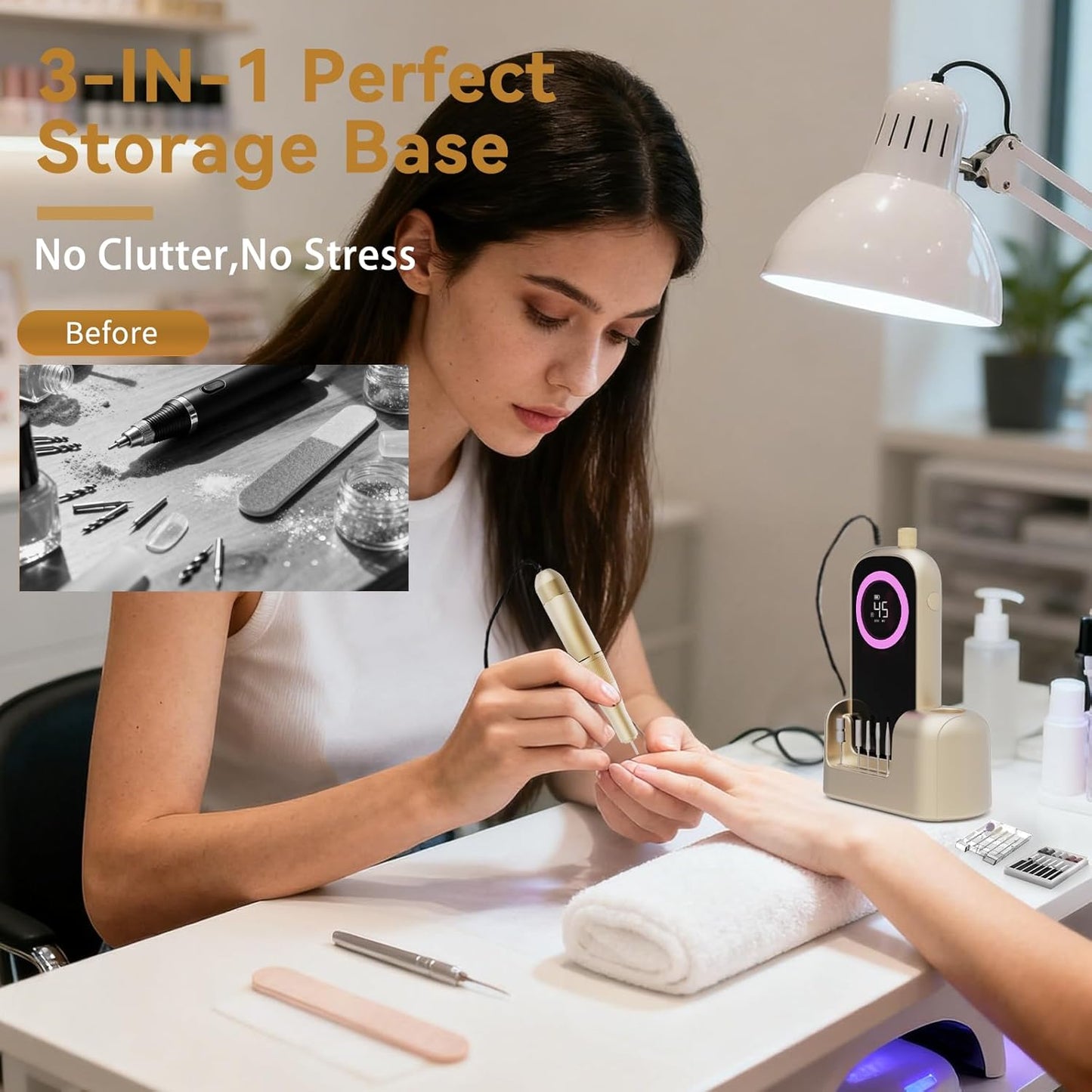 Electric Nail Drill 45000RPM, 2025 Pro High Tech Fast Remove Cordless Nails Drill with Rechargeable Stand for Acrylic Nails, 12Pcs Drill Bits and Holder, LCD Professional Nail Machine for Salon Home