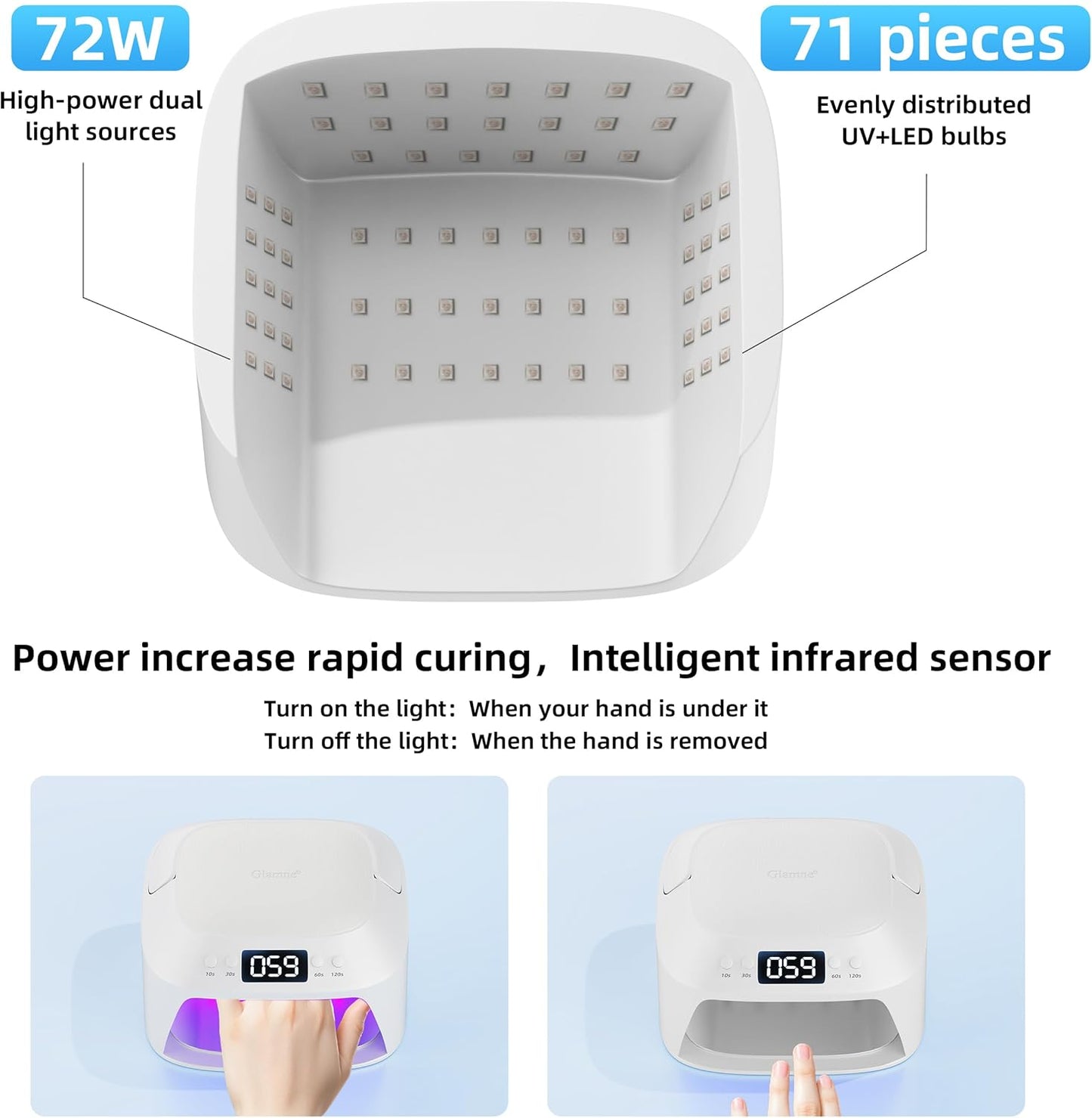 UV Gel Nail Lamp LED Nail Light Fast Dryer for Gel Polish Curing with Arm Rest Portable Handle 4 Timers Automatic Sensor Double Led Display