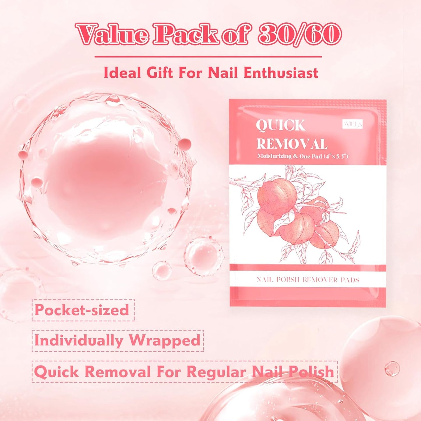 60PCS Nail Polish Remover Pads Nail Polish Remover Wipes 4” X 5.5” Large Size Acetone Pads Quickly Remove Nail Polish Travel-Friendly Individually Wrapped Moisturizing Wet Wipes For Nails