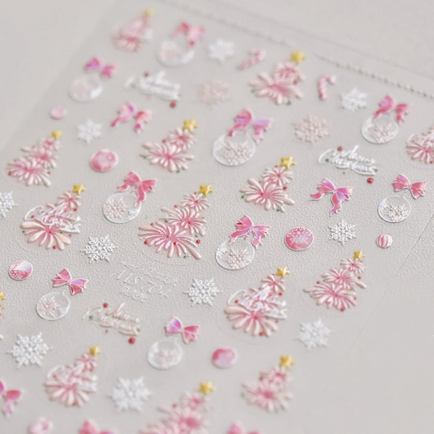 1 Sheets Pink Fireworks Christmas Tree Nail Art Stickers 5D Embossed Christmas Bow Nail Stickers Pink Glitter Snowball Tree Nail Decals Acrylic Nail Supplies for Women Girls DIY Nail Decoration