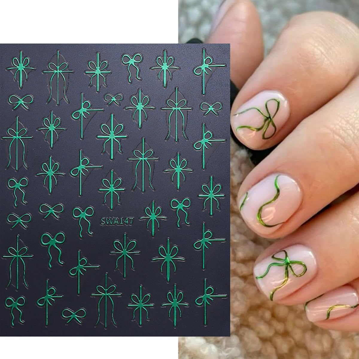 Christmas Nail Art Stickers Decals Christmas Gift Bow Nail Decals 6PCS Golden Green Red Ribbon 3D Self-Adhesive Nail Designs Holiday Nail Stickers Manicure Supply for Women DIY Nail Art Decorations