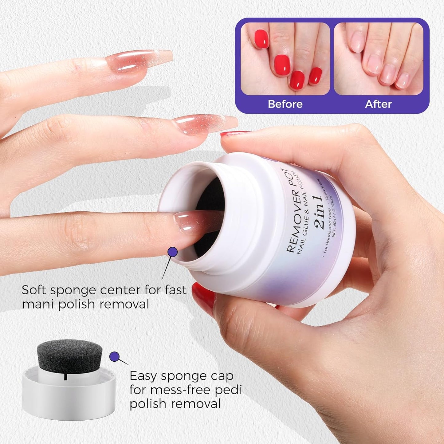 Nail Polish Remover Pot - 2 Pack Acetone-Free Sponge Soaker with Lid, 5-Second Fast Removal for Regular Nail Polish at Home, Salon & Travel