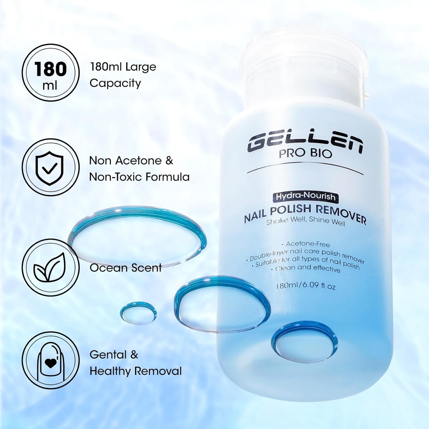 Gellen Non Acetone Nail Polish Remover, Non Toxic Fingernail Polish Remover for Quick Dry Nail Polish, Ocean Scent Dual-phase Nourishing Gentle Nail Polish Remover with Easy Push-down Pump, 6.09 Fl Oz