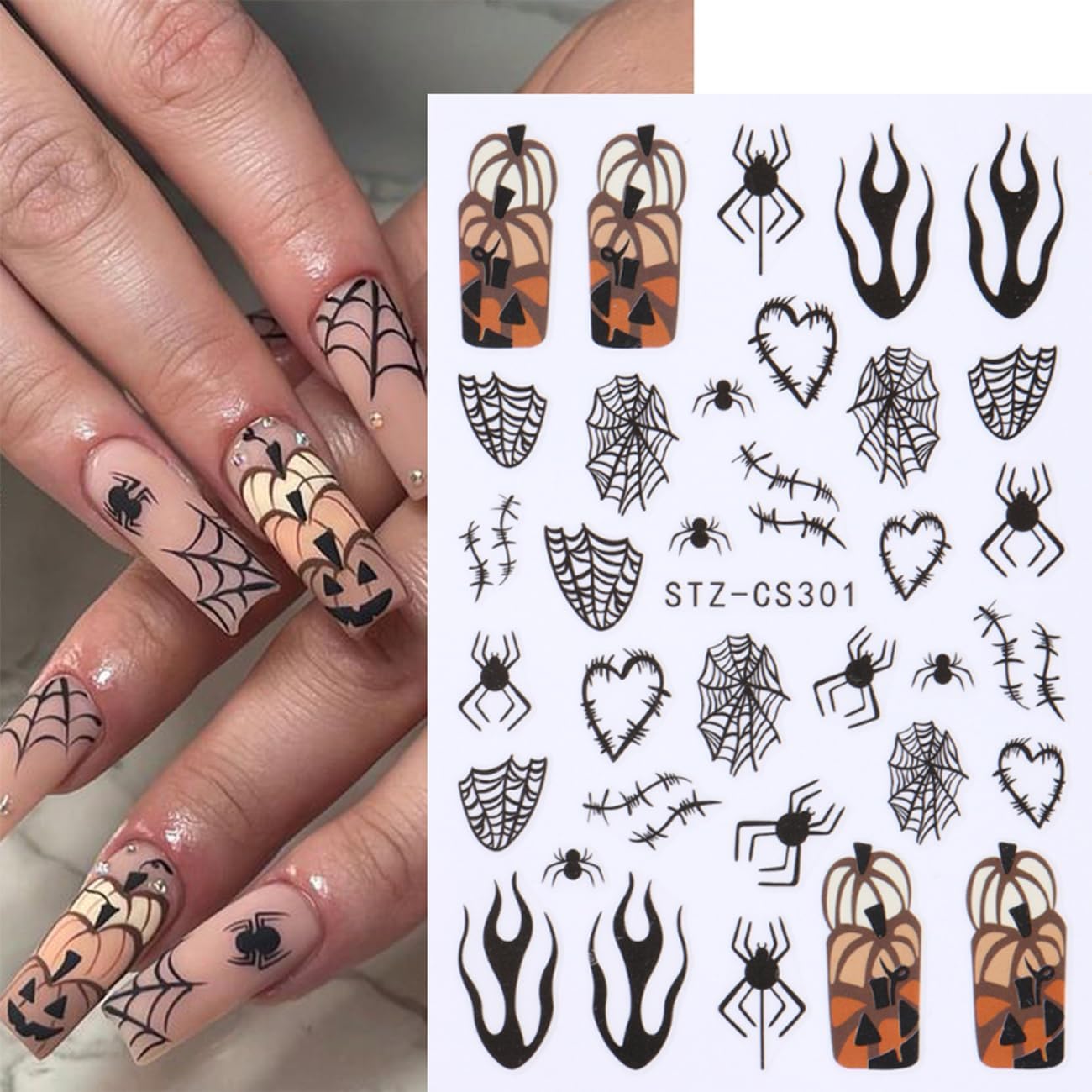 6Sheets Halloween Ghost Nail Stickers for Nail Art Set - 3D Skull Spider Heart Pumpkin Flame Star Cartoon Cute Designs Nail Decals Foil Transfer Sliders Holiday Party Halloween Manicure Decorations