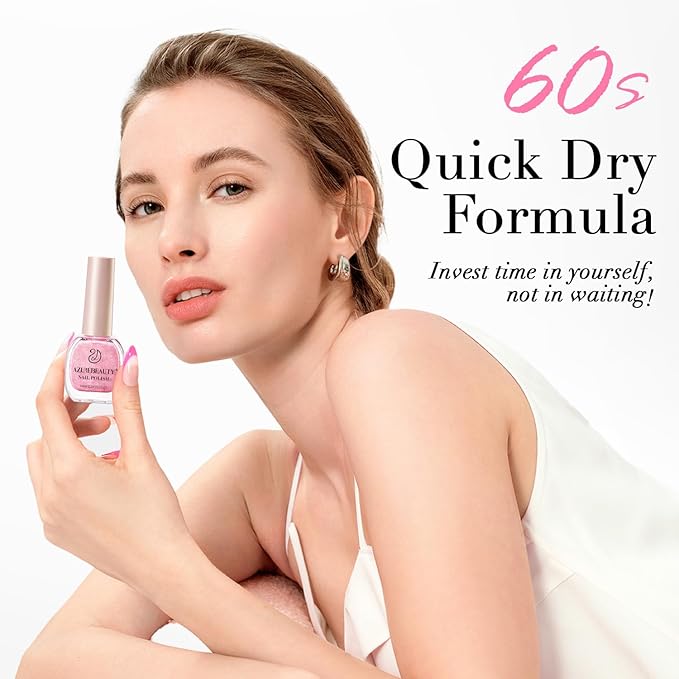 AZUREBEAUTY Glitter Pink Nail Polish no Gel Quick Dry Natural Shine Nail Lacquer Fingernail Polish Salon-Quality for Women 10ml