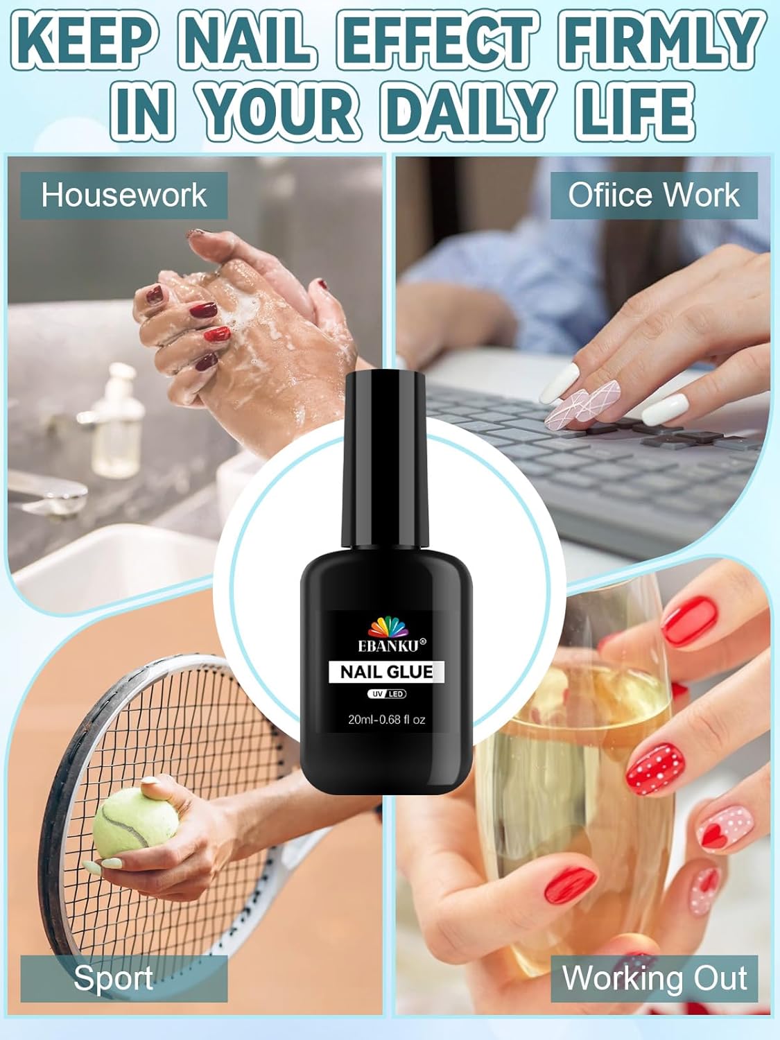 EBANKU 6 in 1 Super Strong Nail Glue for Press on, 20ml Lamp Curing Needed Solid Soak Off Glue, Easy Application Durable & Long-Lasting UV Lamp Needed 2Pcs