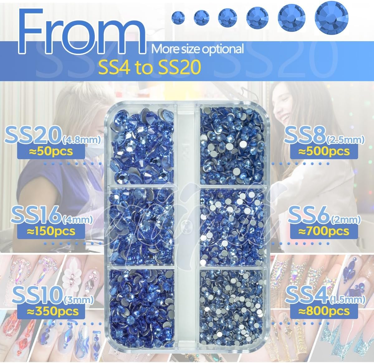 2550pcs Light Blue Nail Art Flatback Rhinestones for Face Makeup Sky Blue Nail Gems Gemstones K9 Glass SS4~SS20 6 Sizes Dark Blue Diamonds Stones w Tweezer & Picking Pen for Nails DIY Crafts