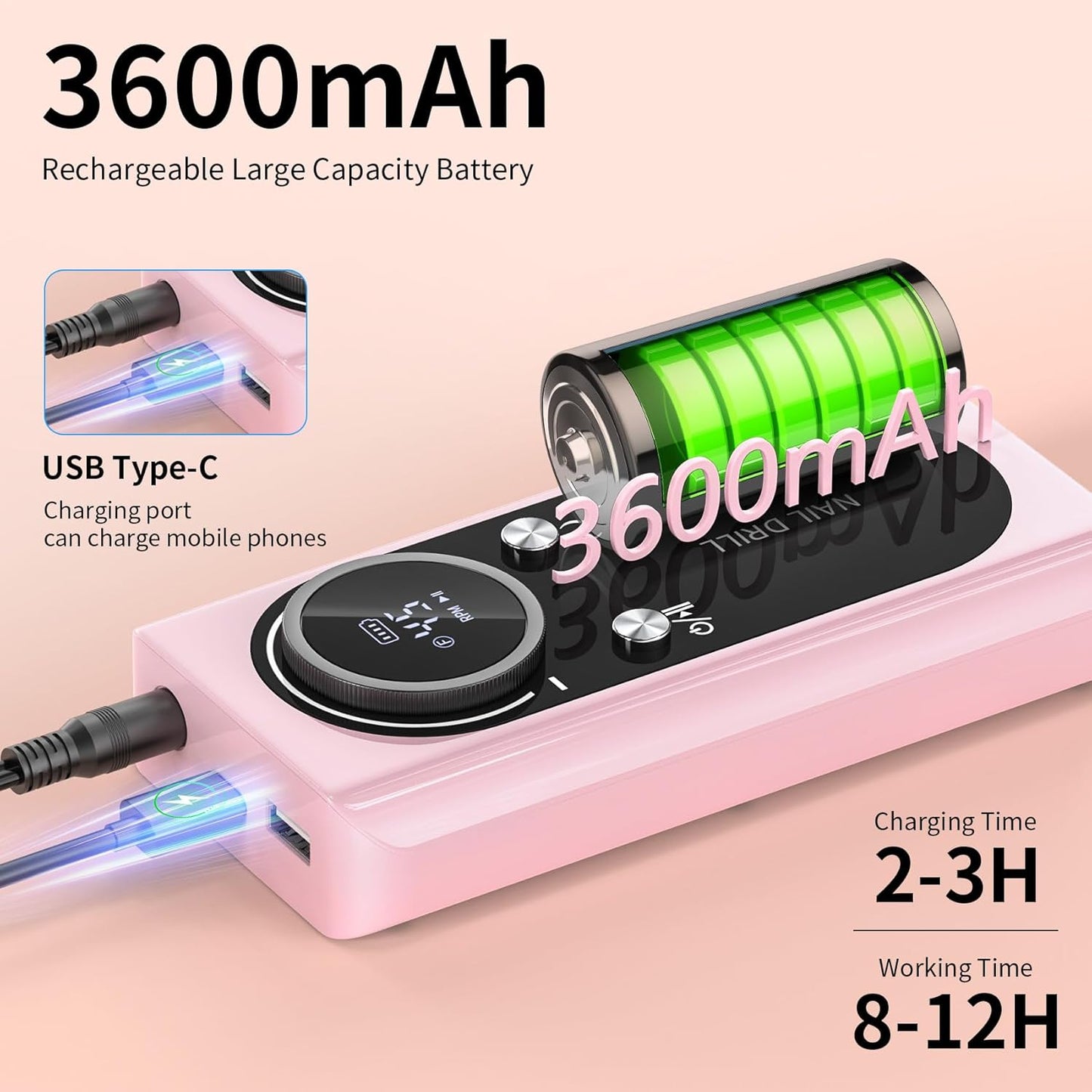 Electric Nail Drill Machine 45,000RPM - Professional Electric and Rechargeable Nail Drill with LCD Display, 6 Bits and 30 Sanding Bands, Low Heat Quiet E-File for Acrylic Gel Nails (Light Pink)