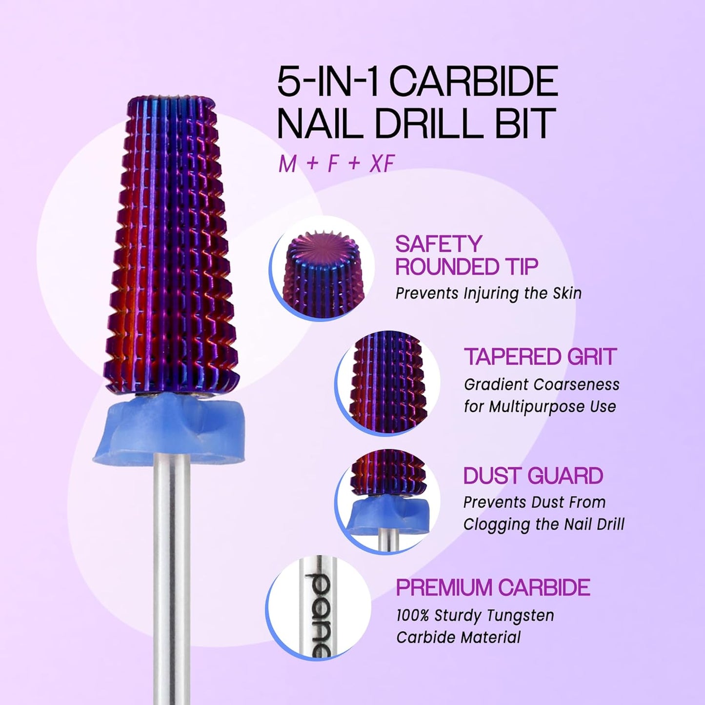 PANA 3/32" Shank 5-in-1 Nail Carbide Bit - (Triple Coarse - Medium Grit, Purple) - Two Way Rotate use for Both Left and Right Handed Fast Remove Acrylic or Hard Gel Machine