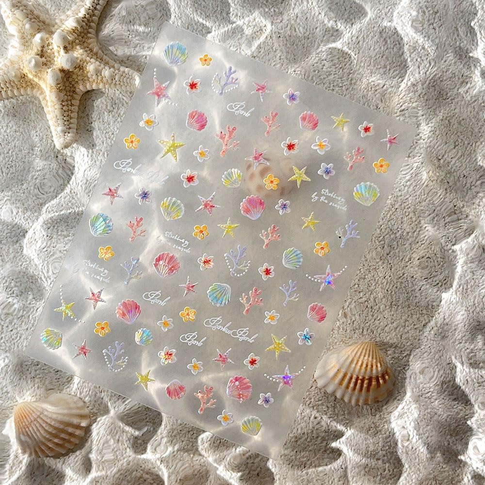 Holographic Ocean Theme Nail Art Decals, 2 Sheets, Self-Adhesive Stickers with Seashells, Dolphins, Starfish, Coral Design for Women's Nail Decoration