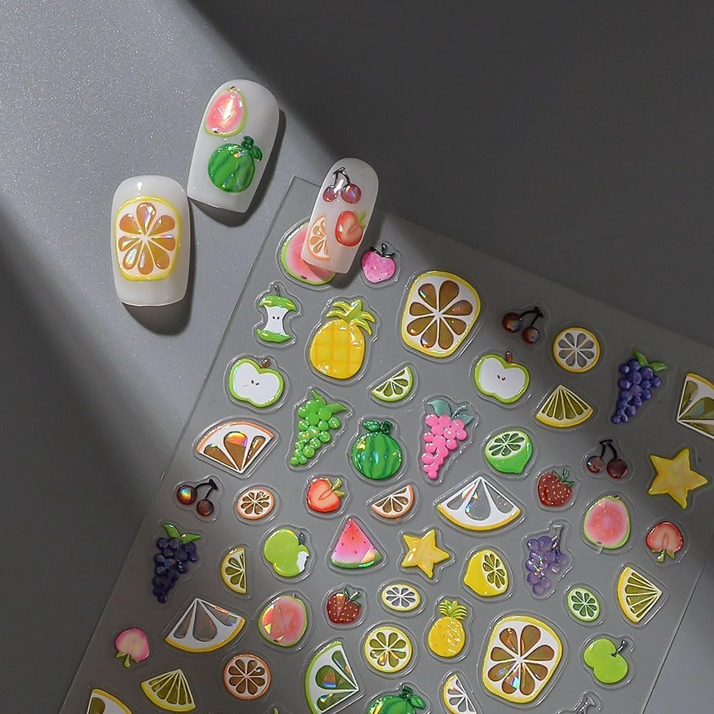 Summer Fruit Nail Art Stickers, 2 Sheets, 5D Embossed Self-Adhesive Decals with Strawberry, Grape, Lemon, Apple, Cherry Design for DIY Nail Decoration