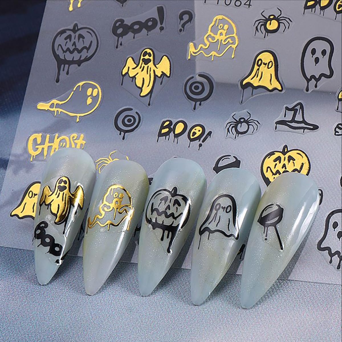 8PCS Halloween Nail Stickers for Nail Art - 3D Metallic Spider Web, Ghost, Pumpkin, Skull, Stars, Cat Designs - Black Gold DIY French Manicure Decor