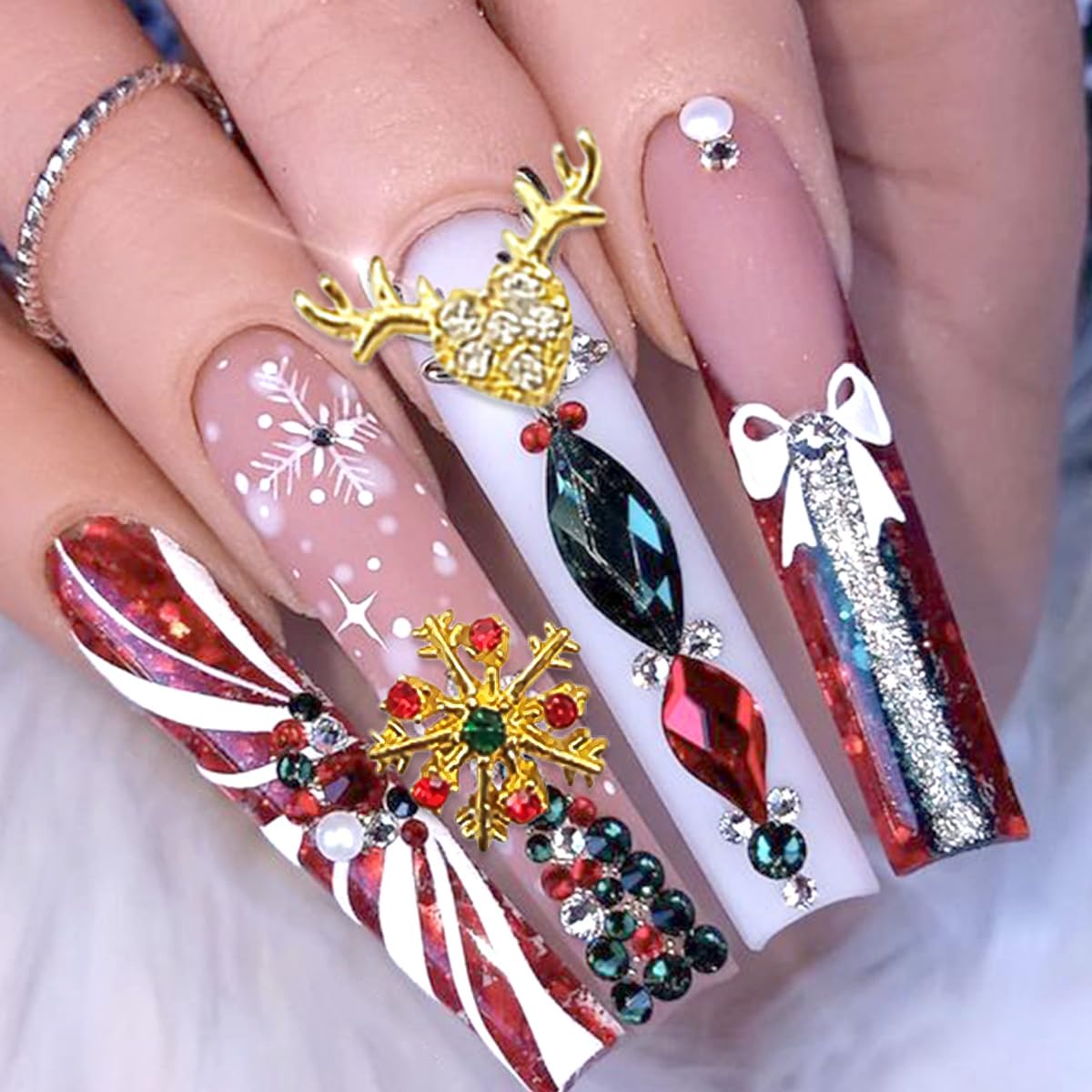 17Pcs Christmas Nail Charms Gold 3D Alloy Reindeer Snowflake Santa Claus Nail Art Charms Shiny Red Green Nail Rhinestones Bling Winter Nail Gems Xmas Gift Nail Supplies for Women Luxury Crystal DIY