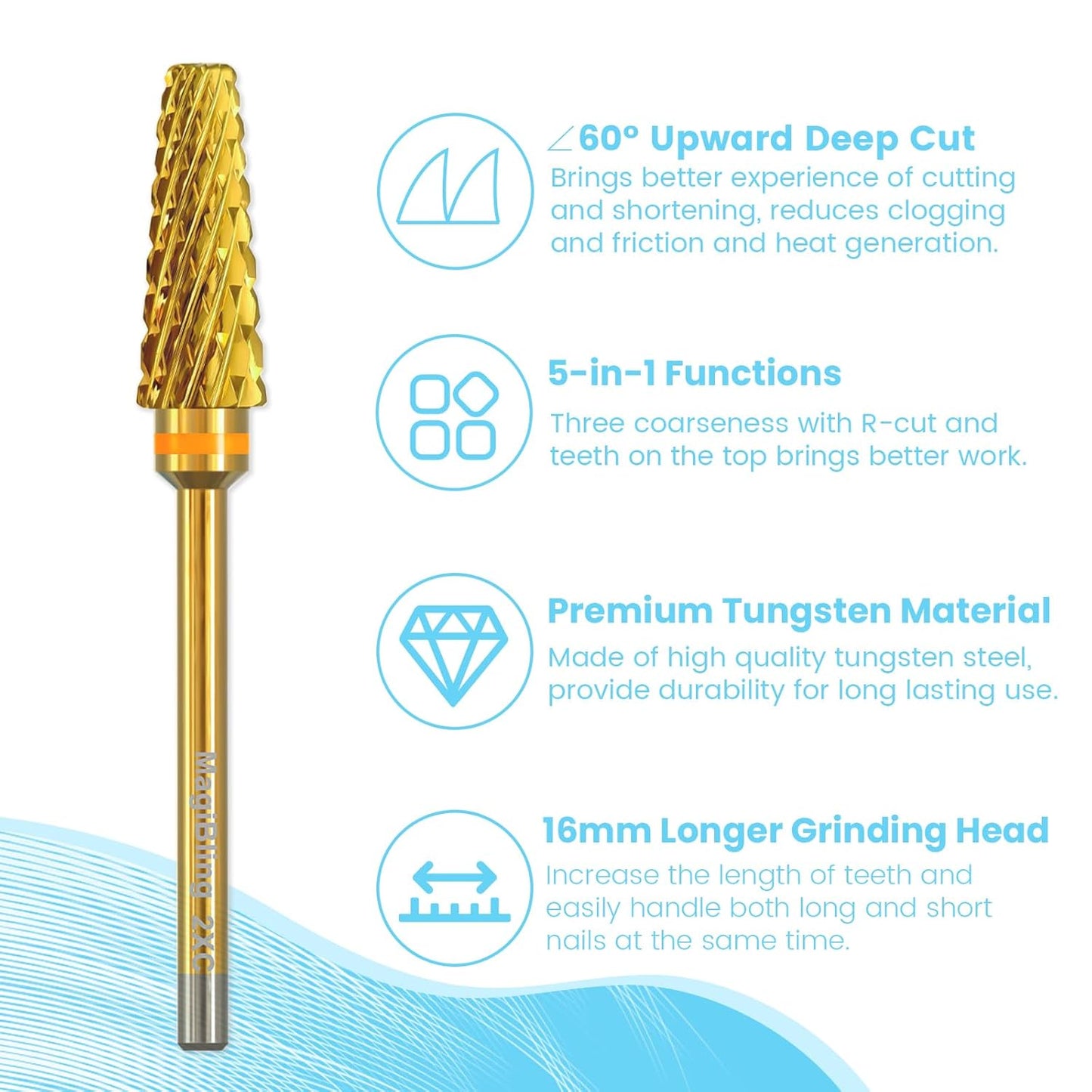 Super Cut 5 In 1 Nail Drill Bits,Tapered 3/32'' Safety Tungsten Bits, Upward Cut for Hard Gel Removal, Right Hand Use, Manicure Cuticle Gel Polishing, Technicians Bits, Gold, Double Coarse.