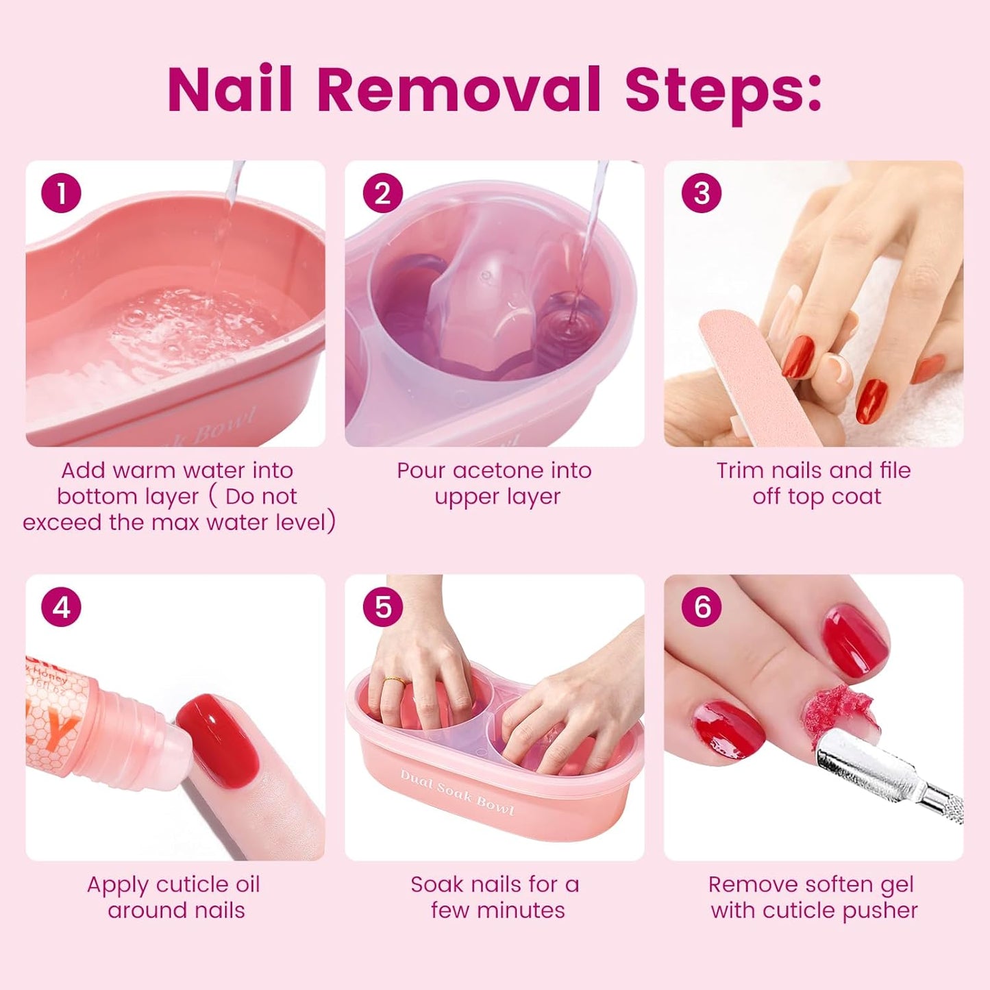 Dual Nail Soaking Bowl Acetone Proof: 2-in-1 Dip Powder Gel Nail Polish Remover Soak off Bowl for Women - Time-Saving Acrylic Nail Remover Kit for Home Salon (Big Size, Rose)