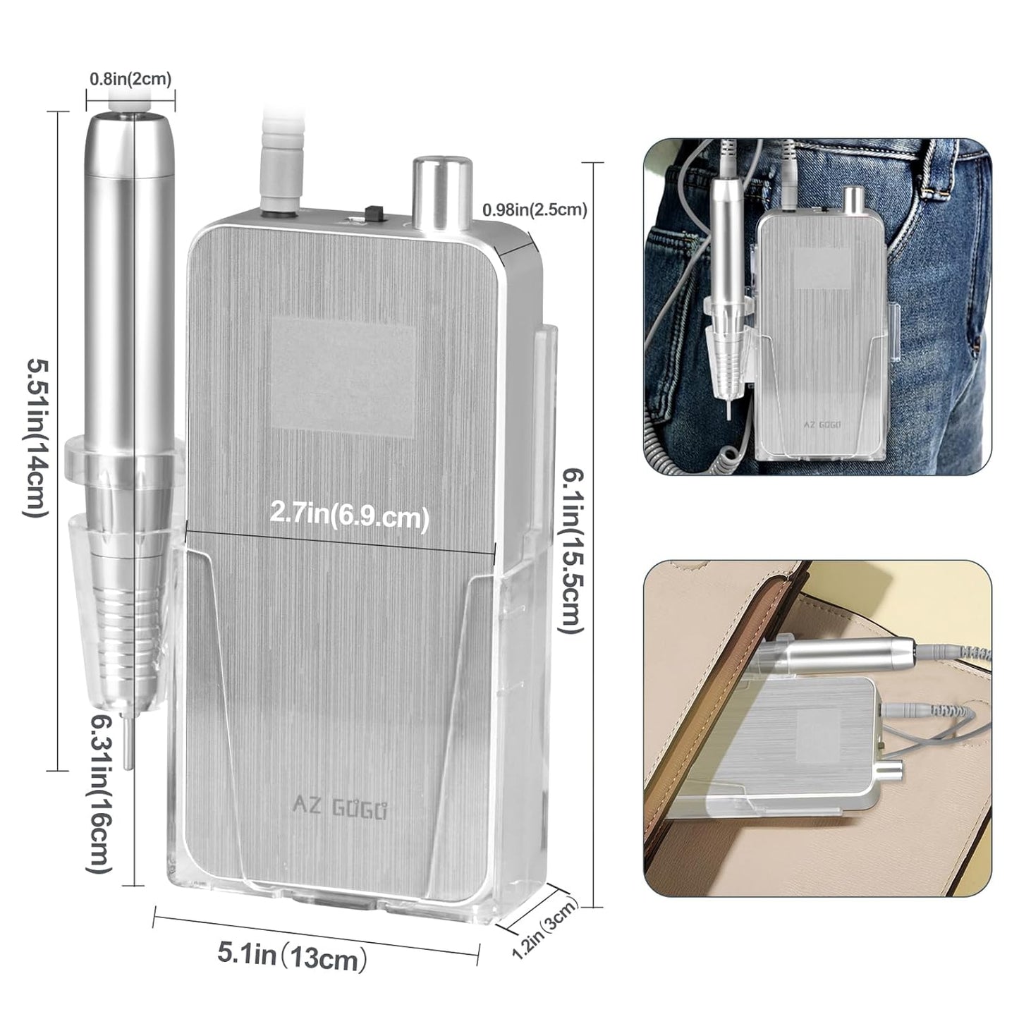 Professional Nail Drill Machine, 2-in-1 AZ GOGO 35000RPM Rechargeable Portable Cordless Nail Drills for Acrylic Gel Nails Manicure Pedicure Salon/Home Use - Coreless Motor (Silver)