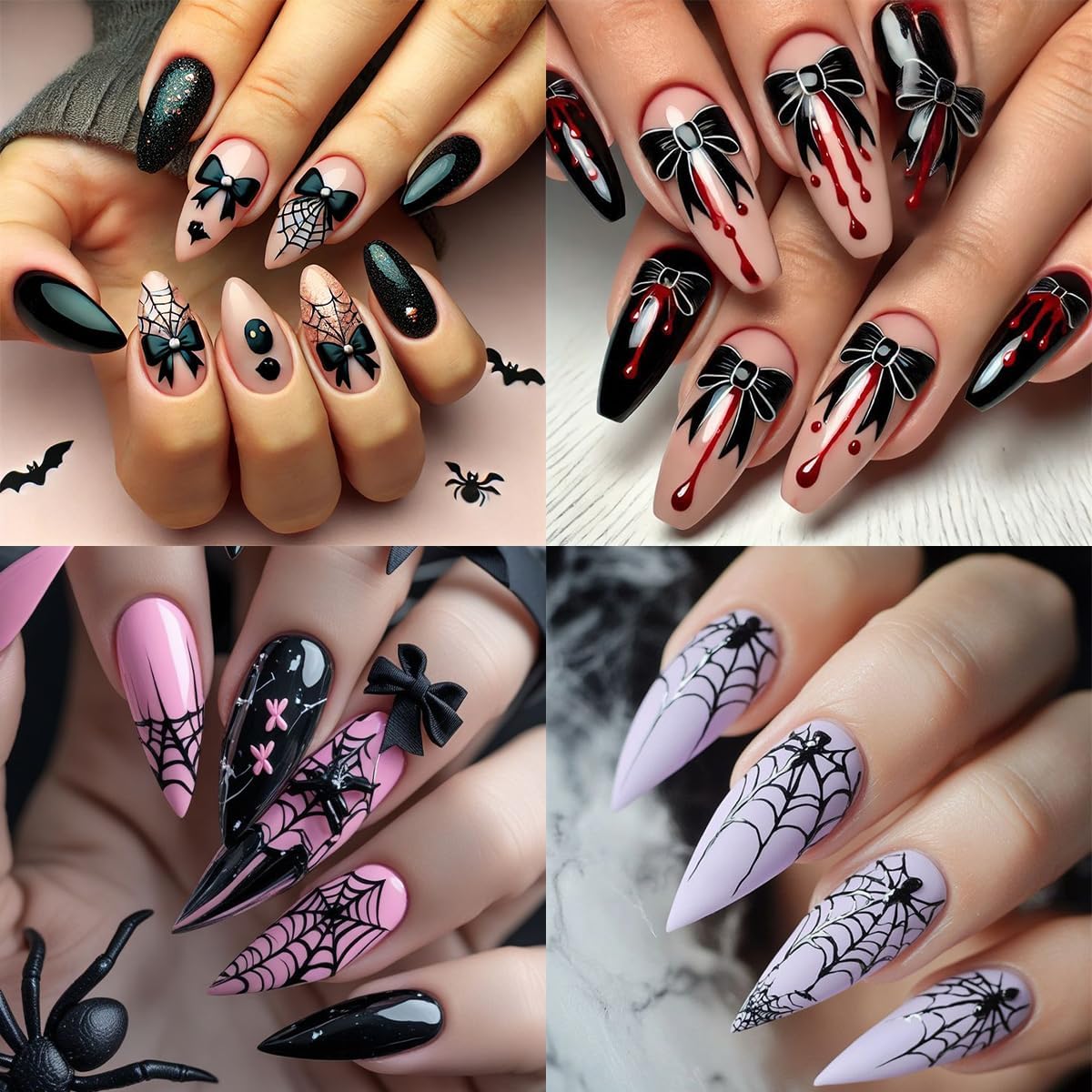 4 Sheets Halloween Nail Art Stickers Black Bow Spider Web Y2K Nail Decals 3D Self-Adhesive Bloody Drop Bowknot Nails Stickers Gothic Halloween Nails Decorations for Women Holiday DIY Manicure Supplies