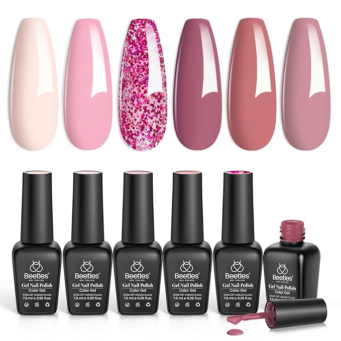 Beetles Purple Gel Nail Polish Set, 6 Colors Nude Deep Purple Pink Glitter Gel Polish Confetti Collection Soak Off Uv Led Nail Art Manicure Kit Gifts for Women