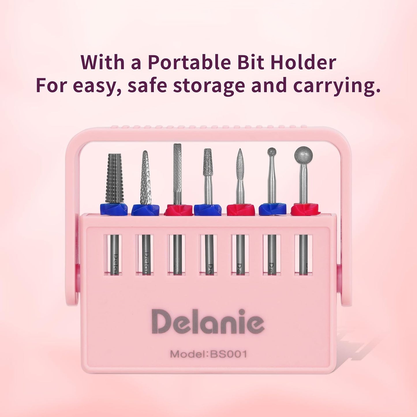 Delanie Professional Nail Drill Bit Set, 7 Pieces with Holder, Carbide and Diamond Bits, Model BS001