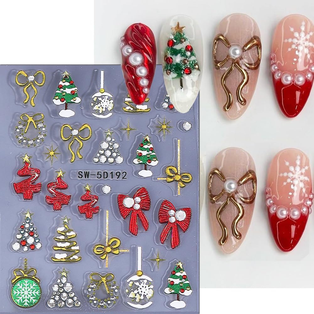 Christmas Nail Stickers 5D Bow Christmas Tree Lantern Ball Nail Art Stickers Winter Embossed Nail Decals Self-Adhesive Xmas Heart Elk Design Sticker Holiday Nail Art Decoration for Women Manicure 3Pcs