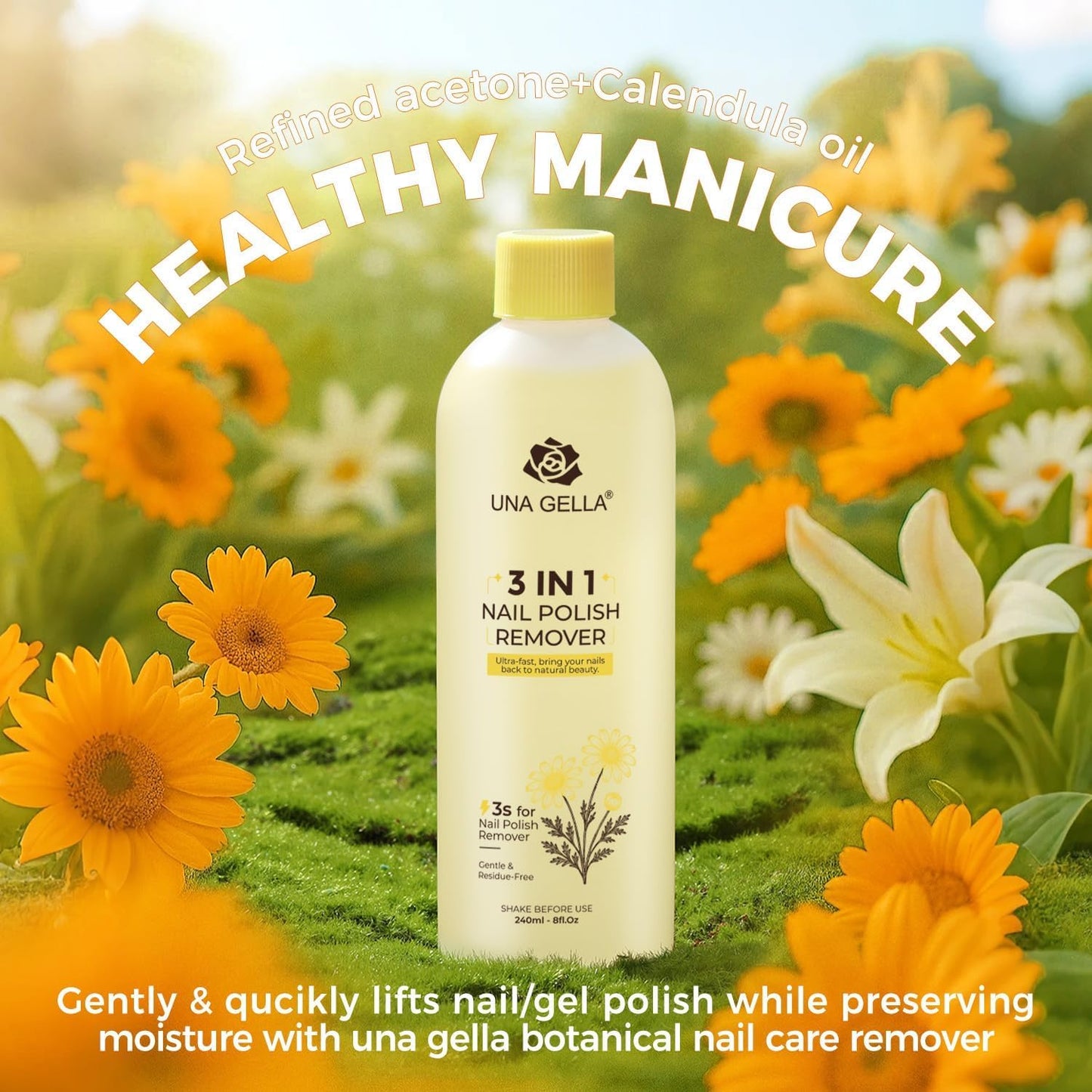 UNA GELLA Acetone Nail Polish Remover, Soak Off Gel Nails Polish Remover With Easy Use Cap, Healthy Formula Works For Nail Glue 8 Fl Oz, Calendula Scent