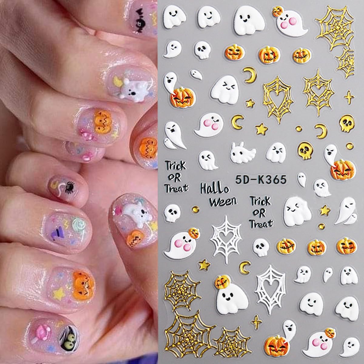 Halloween Nail Art Stickers Decals Cute Ghost Black Cat Nail Decals 2PCS 5D Embossed Gold Pumpkin Spider Web Castle Cat Paw Self-Adhesive Design Halloween Nail Stickers for Women Manicure Decorations