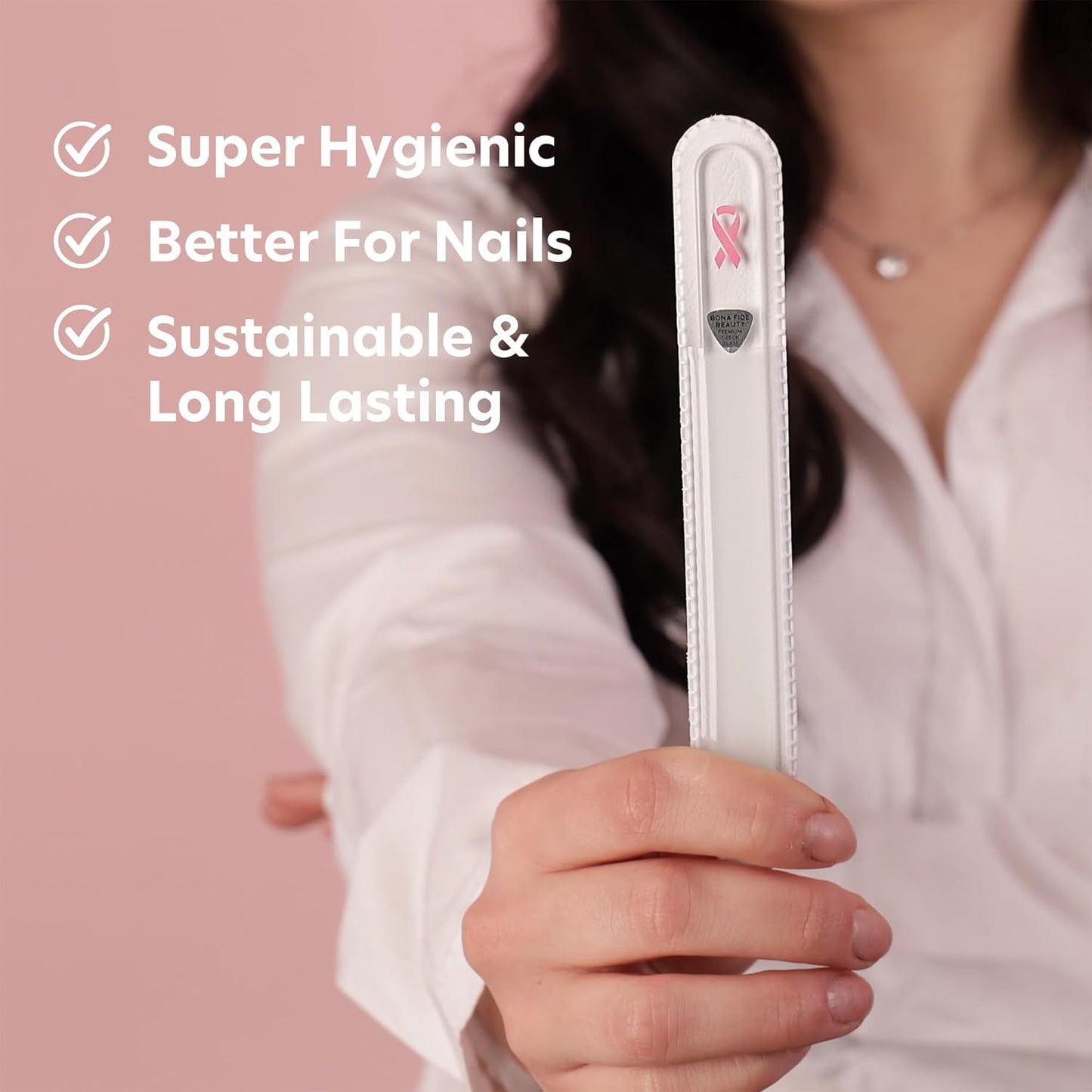Bona Fide Beauty Czech Glass Nail File with Pink Ribbon - Breast Cancer Awareness Nail Filer for Cause, Pink Ribbon Nail File.