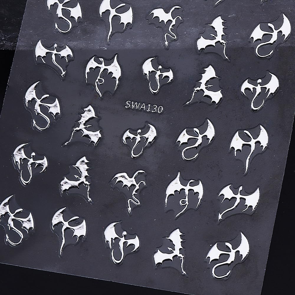 Dragon Nail Art Stickers 3D Metallic Flying Devil Bat Halloween Nail Decals 6PCS Golden Silvery Holographic Y2k Dragon Nail Stickers Sweet Punk Style DIY Halloween Nail Art Salon Decorations Supplies