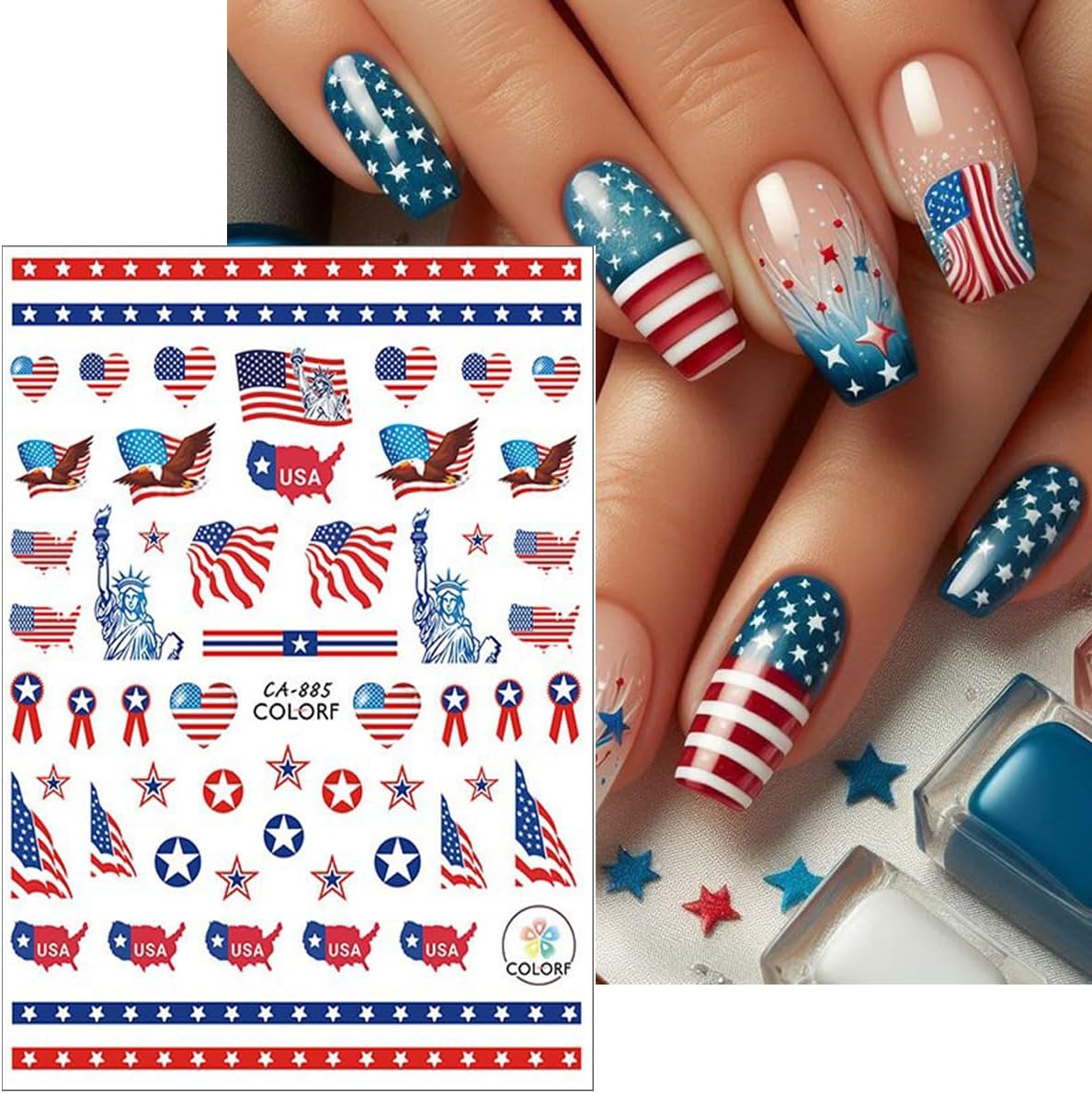 6Pcs Independence Day Nail Stickers for Nail Art - Celebrate 4th of July Nail Decals 3D Self-Adhesive USA Flags Heart Star Bow Eagle Design Firework Sticker for Memorial Day DIY Patriotic Nail Decor