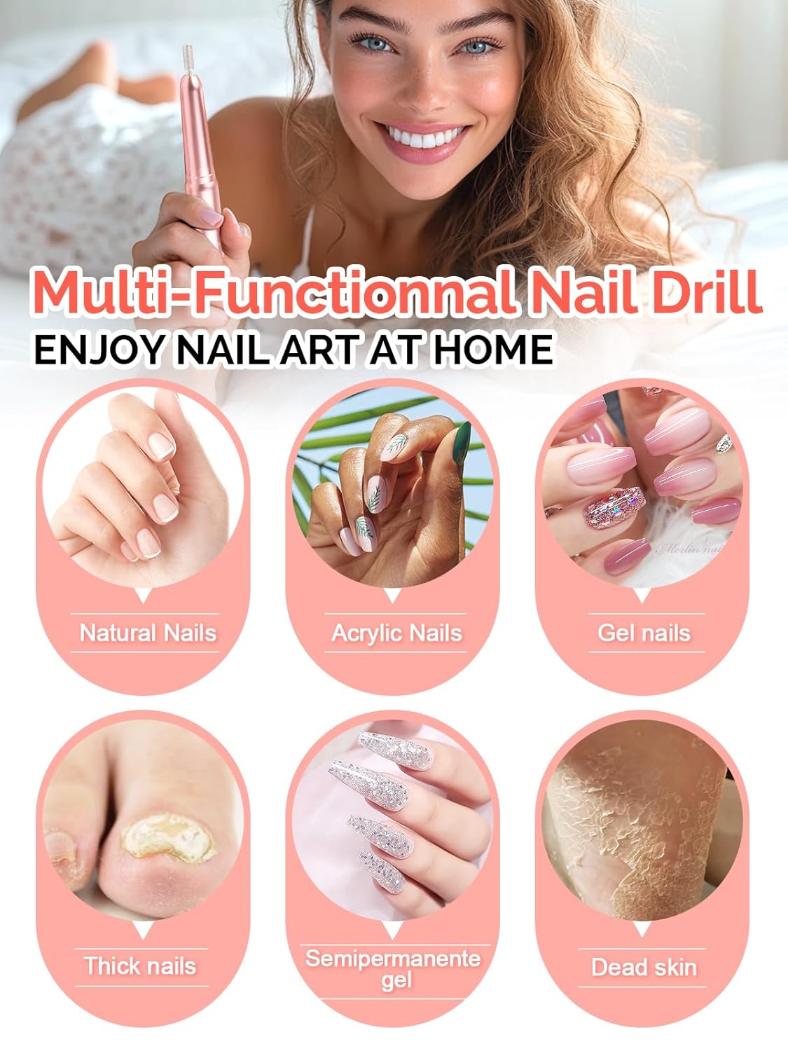 Electric Nail Drill Machine, Professional Electric Nail File for Dip Powder Nail Filer, Efile Manicure and Pedicure Tools with Storage Nail Accessories Function for Grinding Polishing Trimming,Pink