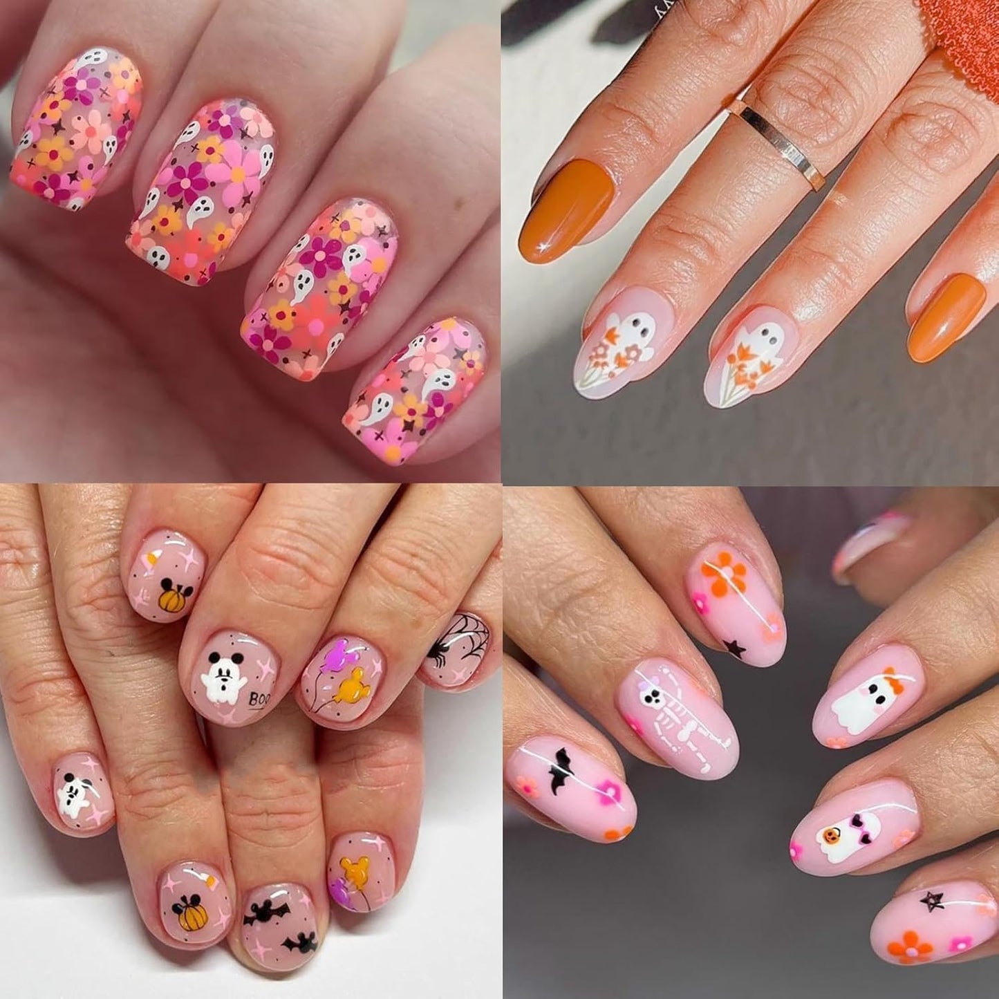 Halloween Nail Art Stickers, Pink Pumpkin Nail Decals, 3D Self-Adhesive Spider-Web Bat Design for DIY Nail Supplies Decoration (4 Sheets)