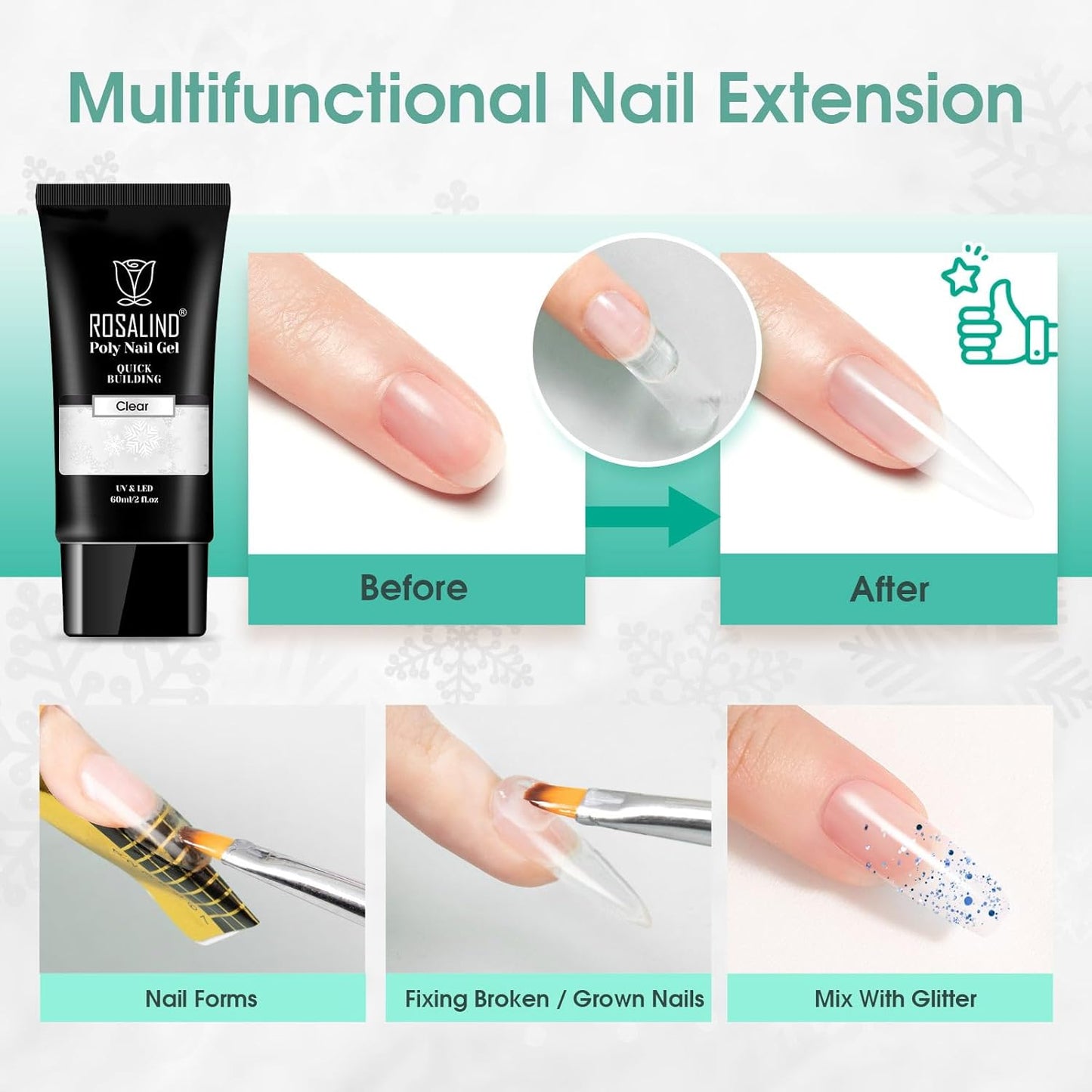 ROSALIND 2 oz Clear Poly Nail Gel - Professional Nail Extension Gel for Long Lasting DIY & Salon Nails, Quick Dry UV/LED Light Cured Transparent Nail Builder Clear Gel Summer